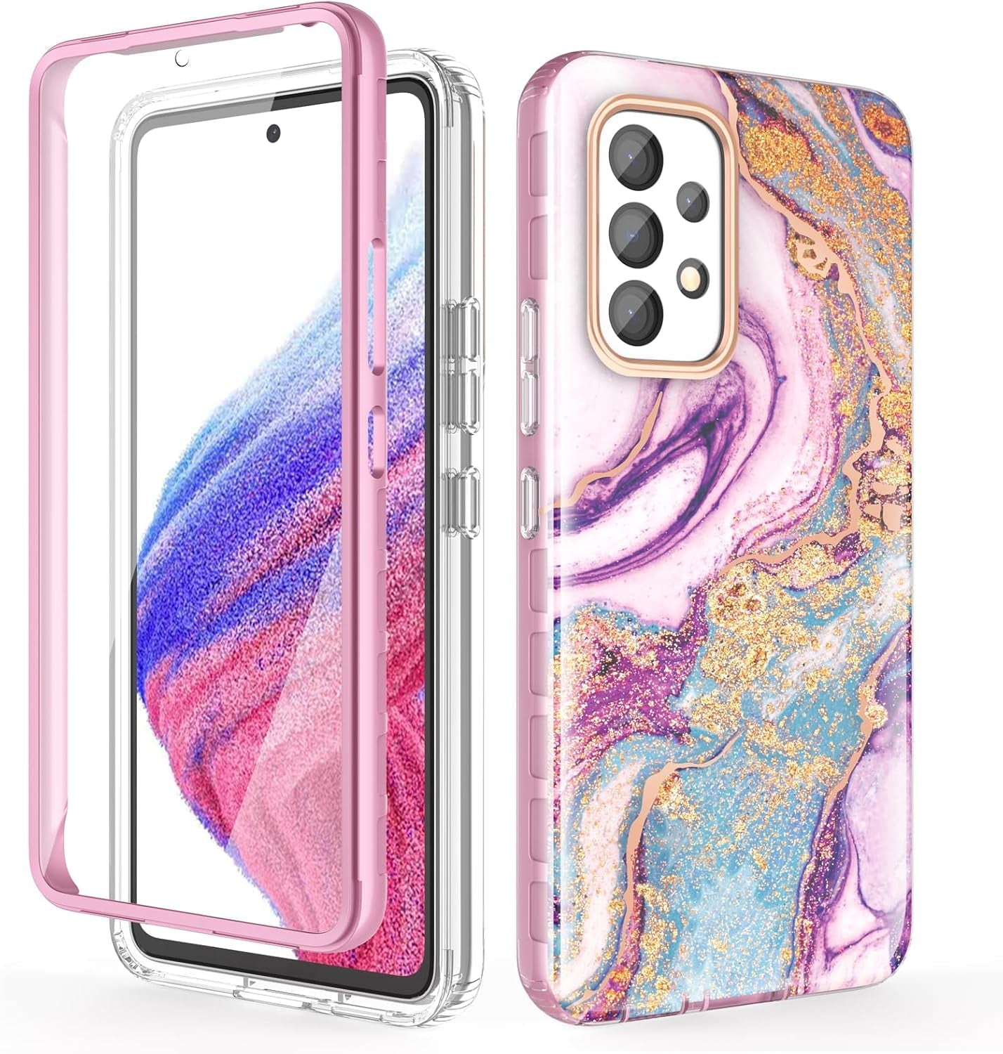 Case Compatible with Samsung Galaxy A53 5G (2022 Released), Marble Stylish Slim Soft TPU, Full Body Protective with Built-In Screen Protector, Shockproof Cover for A53, Black & Pink