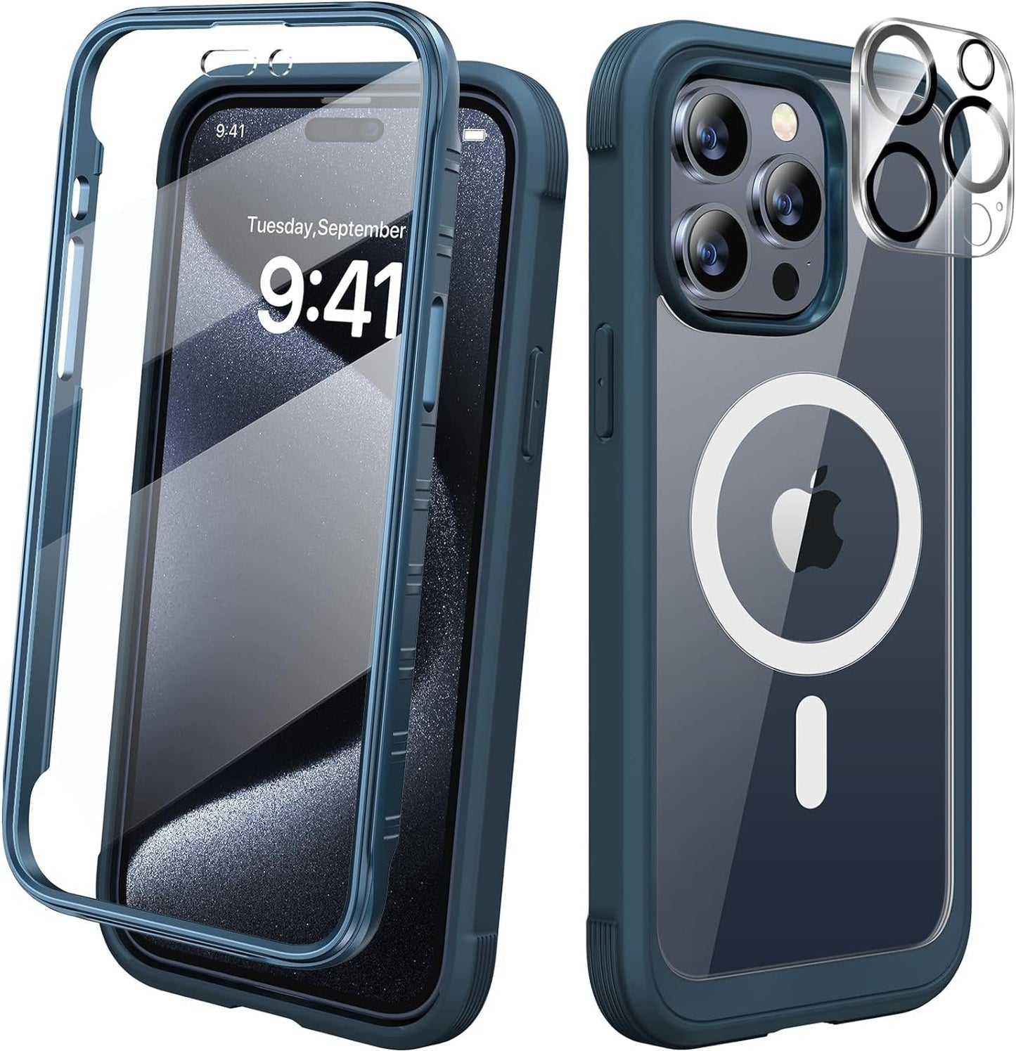Diaclara Designed for Iphone 15 Pro Case, Full Body Rugged Case with Built-In Touch Sensitive Anti-Scratch Screen Protector, with Camera Lens Protector for Iphone 15 Pro 6.1",Frosted Clear  Diaclara Magnetic Storm Blue Iphone 15 Pro Max 