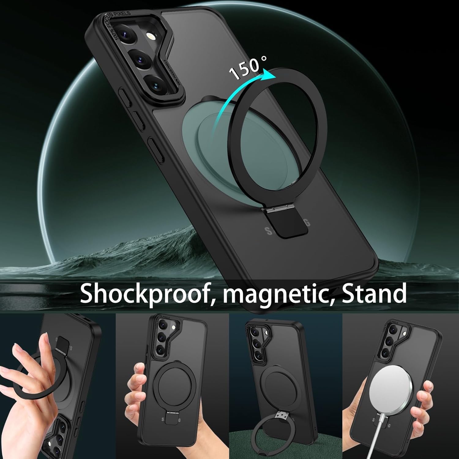 DUEDUE for Samsung Galaxy S22 plus Case Magnetic with Ring Stand [Compatible with Magsafe], Translucent Matte Back Protective Cover Shockproof Kickstand Phone Case for Galaxy S22 plus 6.6", Black