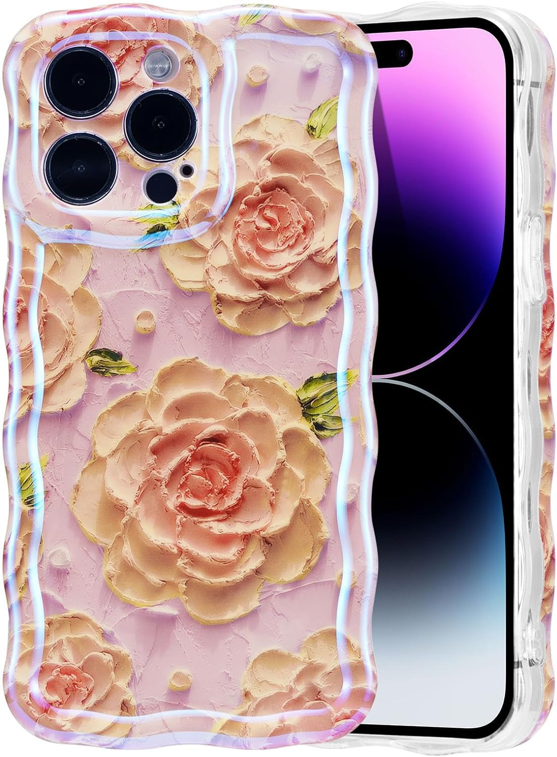 EYZUTAK Case for Iphone 14 Pro, Colorful Retro Oil Painting Flower Leaf Laser Glossy Pattern Cute Curly Wave Edge Exquisite Phone Cover Stylish Durable TPU Protective Case for Girls Women - Blue Green  EYZUTAK Pink4 Iphone 13 Pro Max 