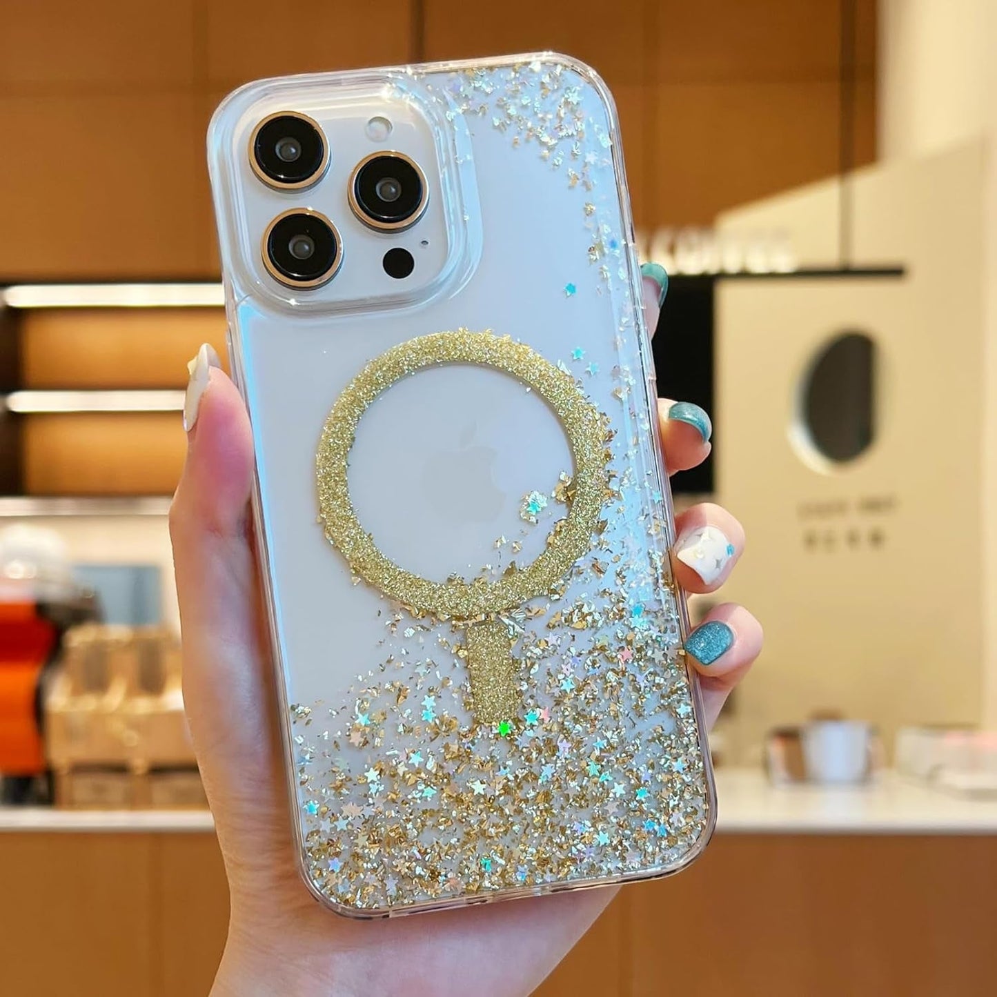 ASONCE Cute Glitter for Iphone 14 Pro Max Case [Compatible with Magsafe] Magnetic Cover with Bling Star for Women Girls [12FT Drop Protection] - Sparkly Gold  Hiwuton   