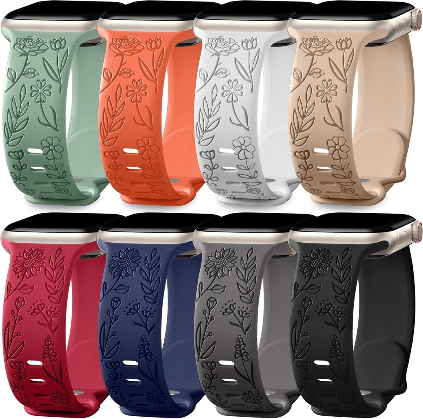 Easuny 8 Pack Bands for Women Apple Watch 40Mm 41Mm 38Mm 42Mm 44Mm 45Mm 49Mm Iwatch Series 9 8 7 6 5 4 3 Ultra 2/1 SE SE 2Nd, Soft Silicone Floral Engraved Dressy Wrist Straps