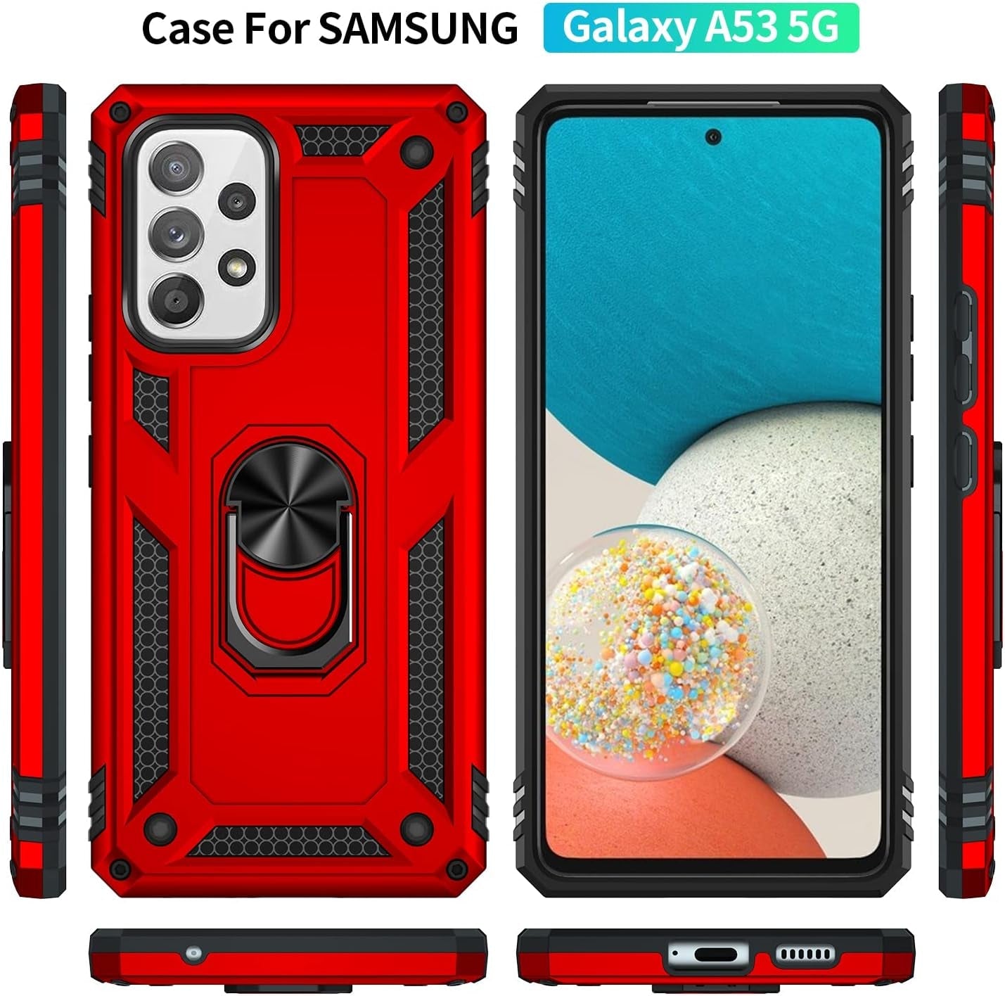 For Samsung A53 5G Case with Screen Protector,Galaxy A53 5G Phone Case,360 Degree Rotation Ring Kickstand Military-Grade Shockproof with Magnetic Car Mount Cover for Samsung Galaxy A53 5G (Red)