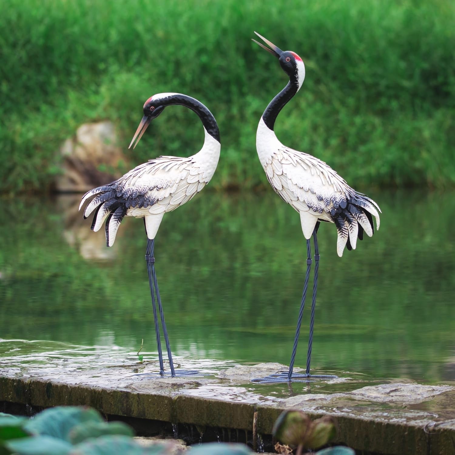 Chisheen Garden Crane Statues Outdoor Heron Red Crowned Crane Metal Yard Art Sculpture,Set of 2  Chisheen   