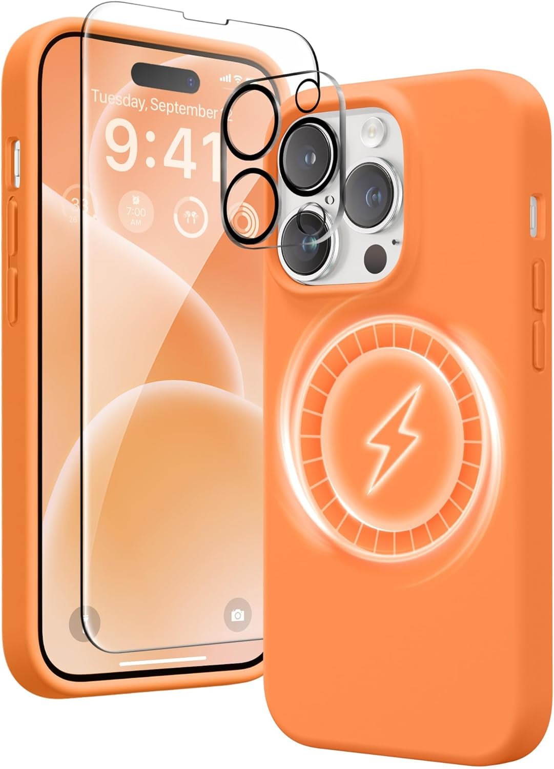 GONEZ for Iphone 14 Pro Max Case Silicone, Compatible with Magsafe, with 2X Screen Protector + 2X Camera Lens Protector, Liquid Silicone Shockproof Protective Iphone 14 Promax Case, Blue  GONEZ Orange  