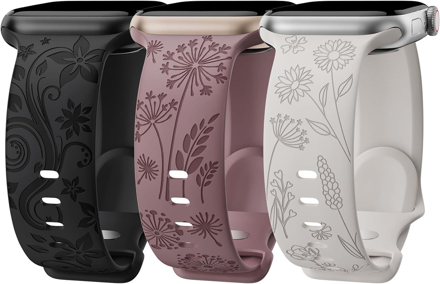 3 Pack Floral Engraved Bands Compatible with Apple Watch Band for Women 38Mm 40Mm 41Mm 42Mm 44Mm 45Mm 49Mm, Cute Flower Laser Pattern Soft Silicone Strap for Iwatch Series Ultra SE 9 8 7 6 5 4 3 2 1