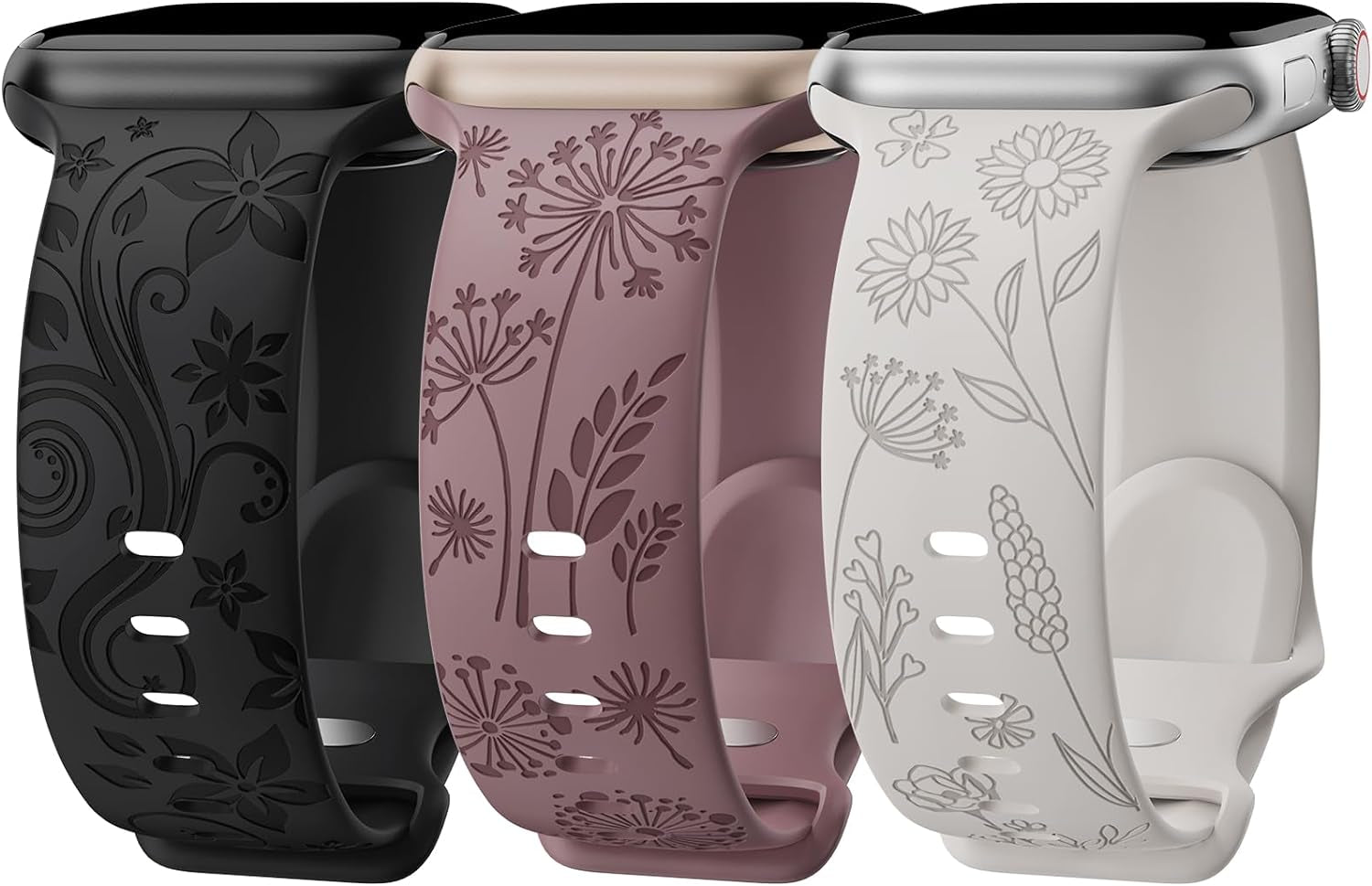 3 Pack Floral Engraved Bands Compatible with Apple Watch Band for Women 38Mm 40Mm 41Mm 42Mm 44Mm 45Mm 49Mm, Cute Flower Laser Pattern Soft Silicone Strap for Iwatch Series Ultra SE 9 8 7 6 5 4 3 2 1