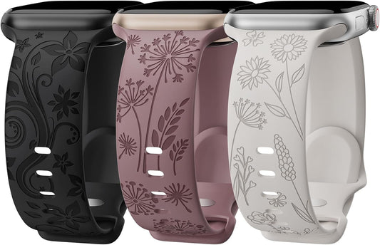 3 Pack Floral Engraved Bands Compatible with Apple Watch Band for Women 38Mm 40Mm 41Mm 42Mm 44Mm 45Mm 49Mm, Cute Flower Laser Pattern Soft Silicone Strap for Iwatch Series Ultra SE 9 8 7 6 5 4 3 2 1