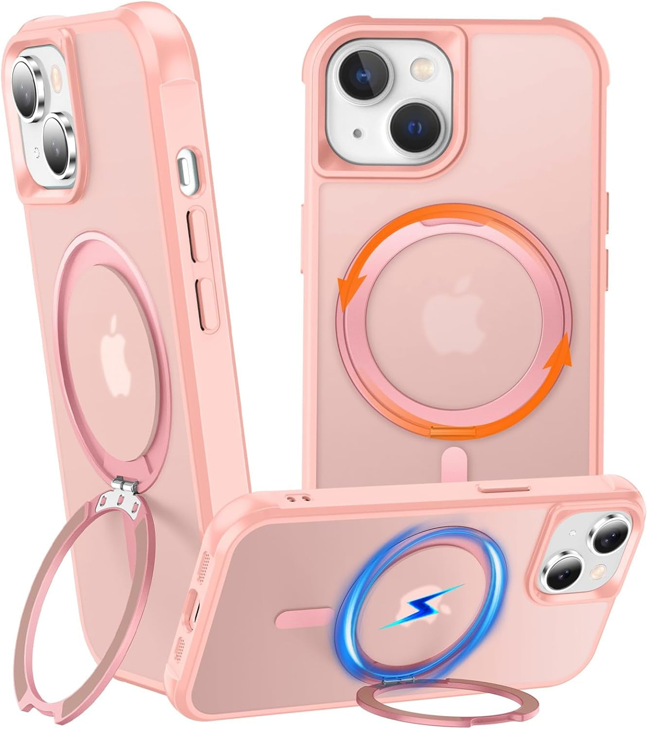 Chaofeng 360° Rotatable Stand for Iphone 15 Pro Case with Magnetic [Military Grade Drop Tested][Adjustable Kickstand] Ring Translucent Slim Hard Back Soft Edge, Purple  CHAOFEnG Pink Iphone 14 Plus 