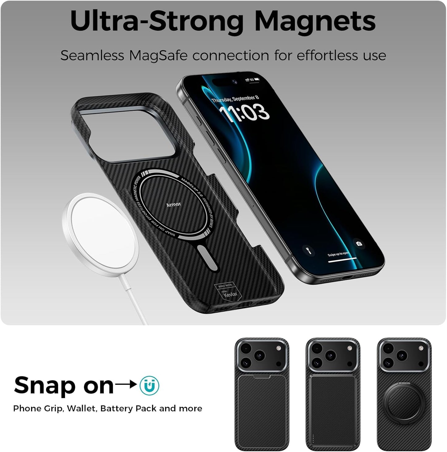 BENKS Armorair Case for Iphone 17 Pro Max, Compatible with Magsafe, Ultra Slim & Lightweight Minimalist Case Built with Dupont Kevlar Aramid Fiber, Black