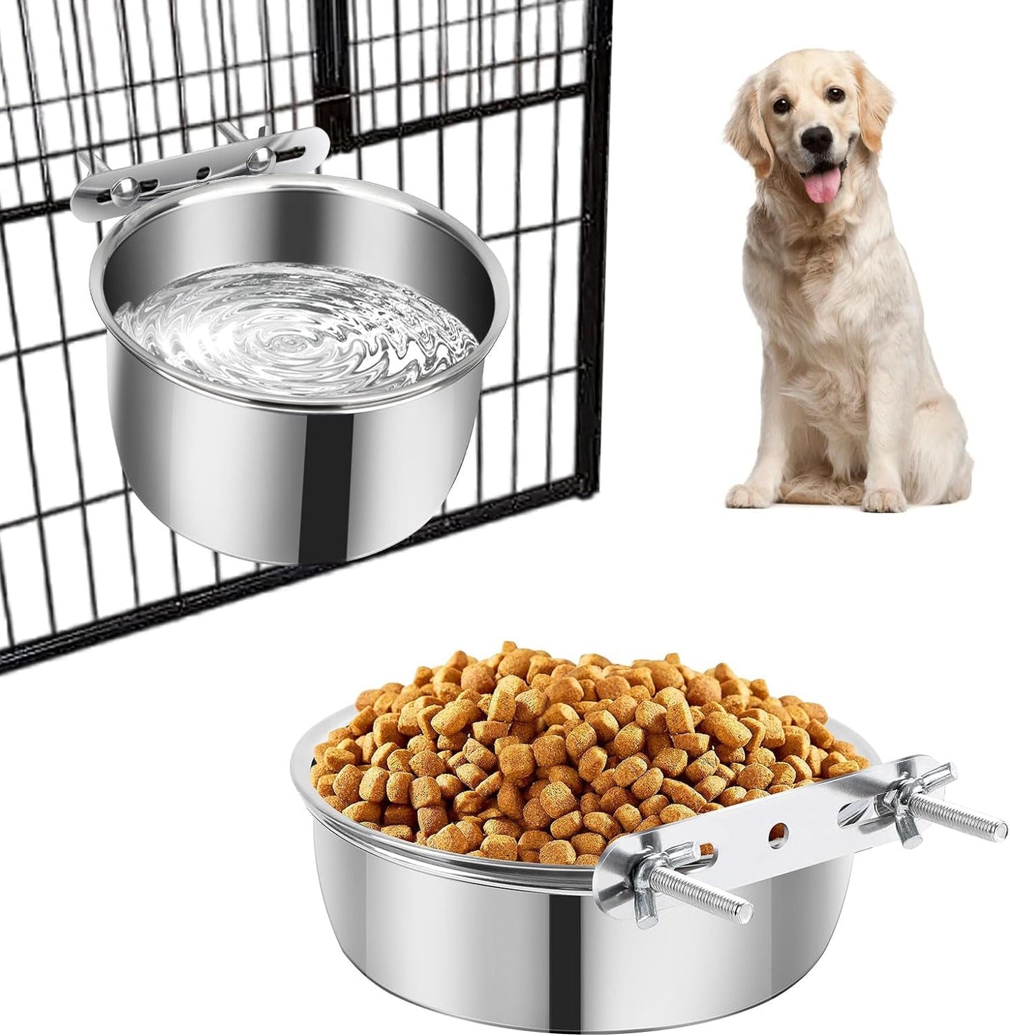 2 Pack Dog Water Bowl Crate No Spill Kennel Hanging Cage Food Bowls for Puppy Cat Bunny Stainless Steel Metal Mountable Small&Medium Feeding Dish Wall Mounted Attachable Crates Pet Feeder