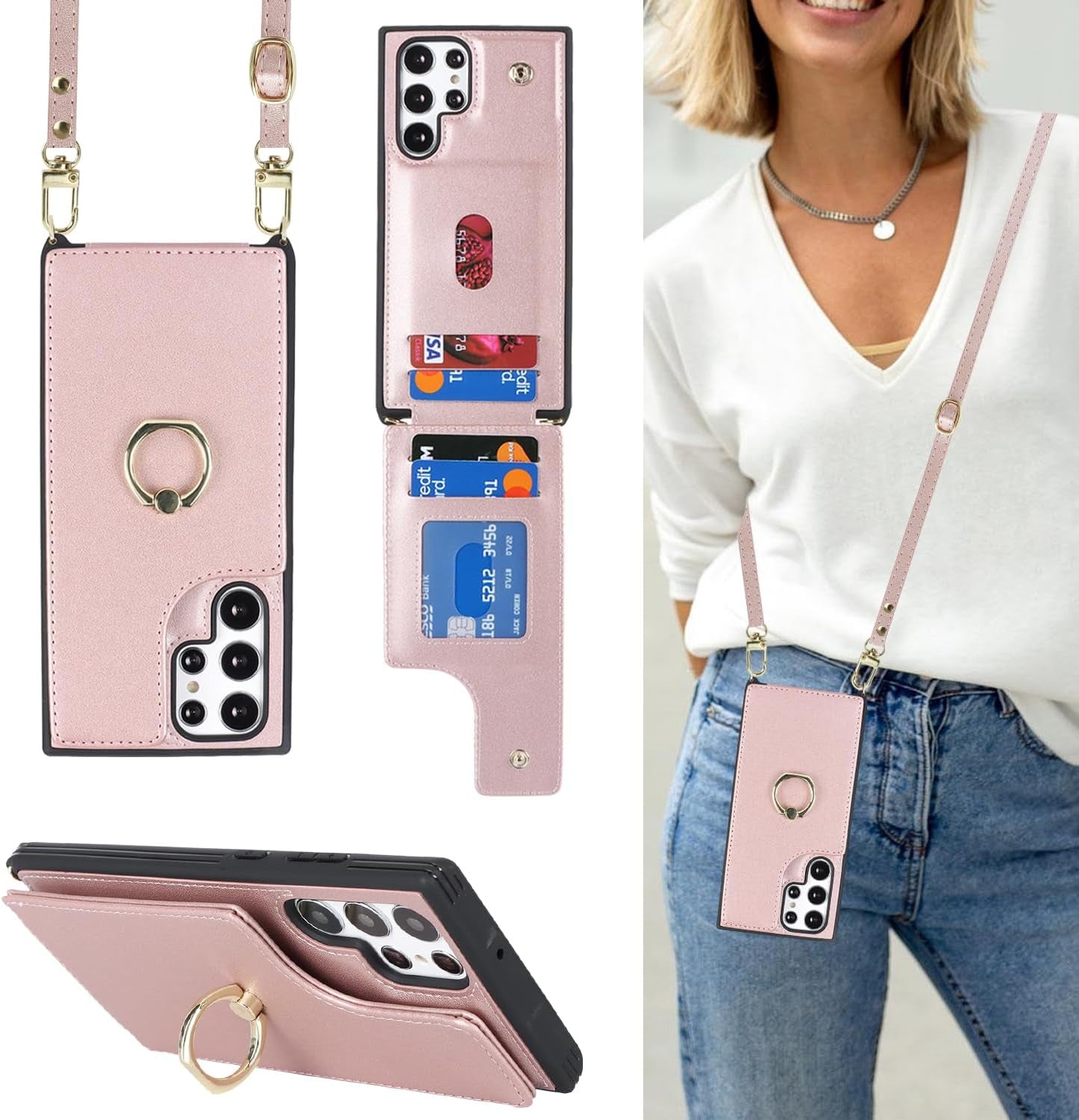 For Samsung Galaxy S22 Ultra Case with Card Holder and Strap for Women,Crossbody Lanyard,Ring Stand,Snap Clasp,Phone Wallet Cases 6.8 Inch(Purple)