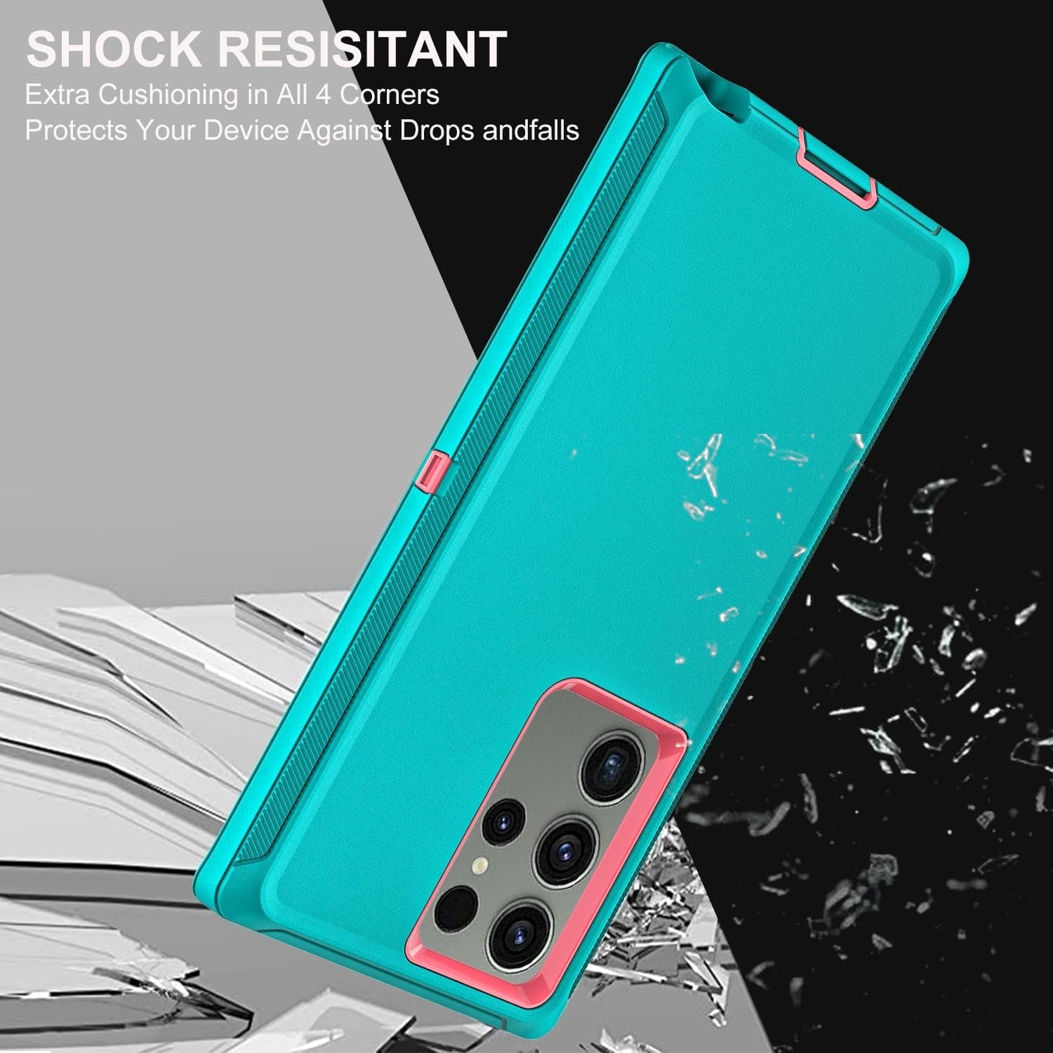 For Samsung Galaxy S22 Ultra Case, with 2Pcs [Self Healing Flexible TPU Screen Protector & Camera Lens Protector] Military Grade Heavy Duty Case for Galaxy S22 Ultra 5G (Aqua Blue/Pink)