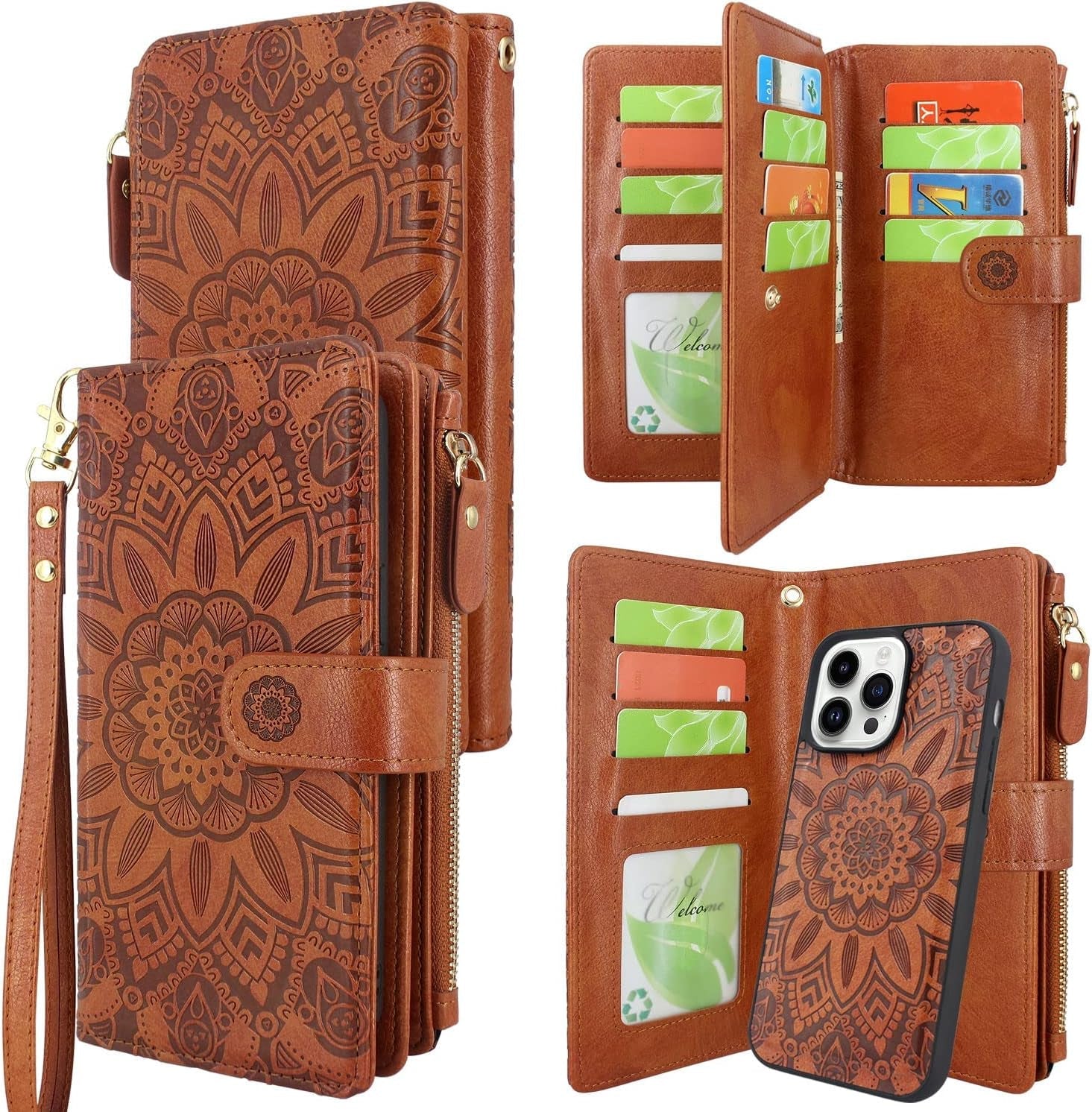 Harryshell Compatible with Iphone 14 Pro 6.1 Inch 5G 2022 Wallet Case Detachable Magnetic Cover Zipper Cash Pocket Multi Card Slots Holder Wrist Strap Lanyard (Floral Black)  Harryshell Floral Light Brown  