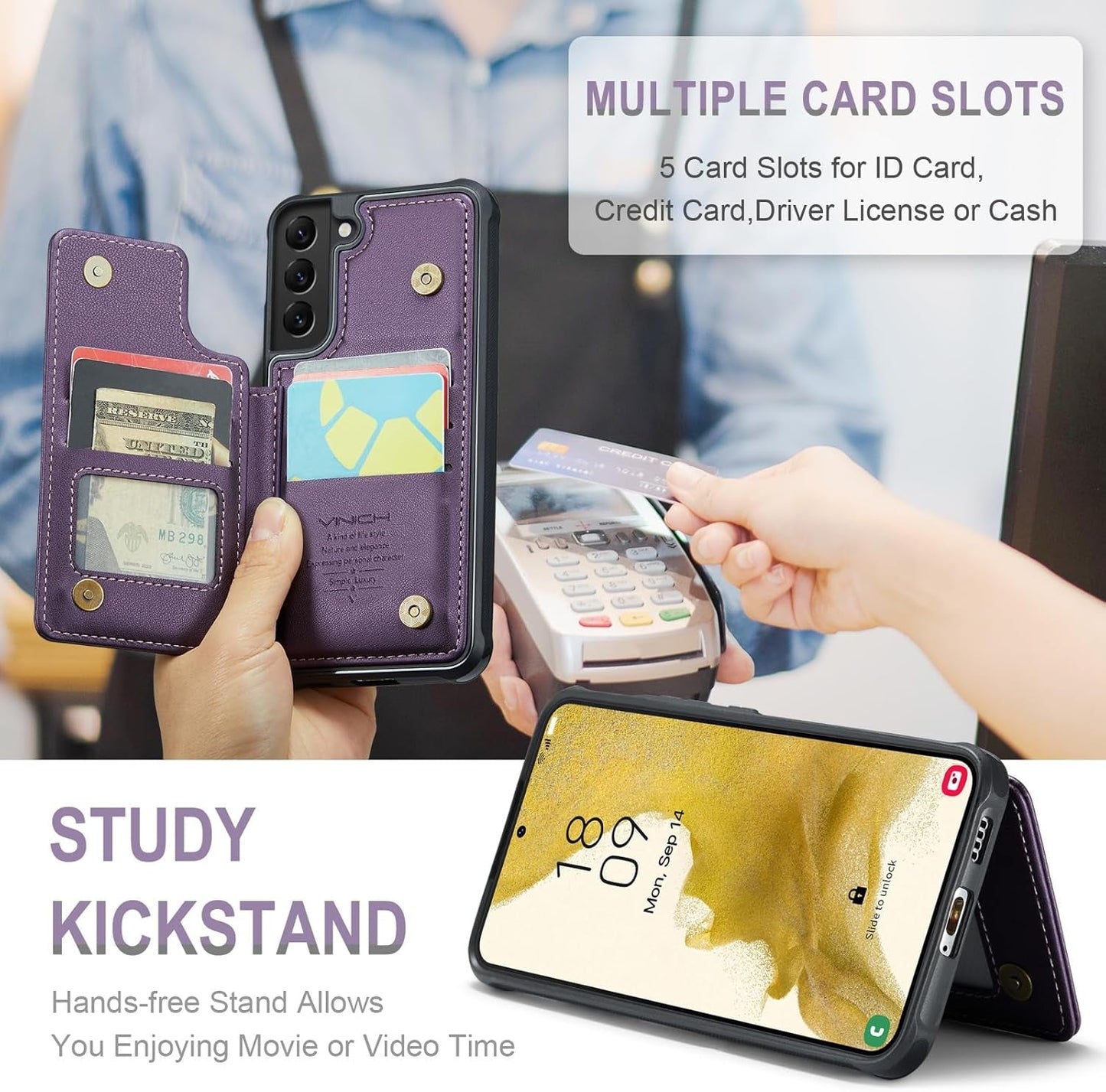 For Samsung Galaxy S22 plus Case with Card Holder, for Samsung S22 plus Wallet Case for Women Men with RFID Blocking, Durable Kickstand Shockproof Case for Galaxy S22 plus 5G, Purple