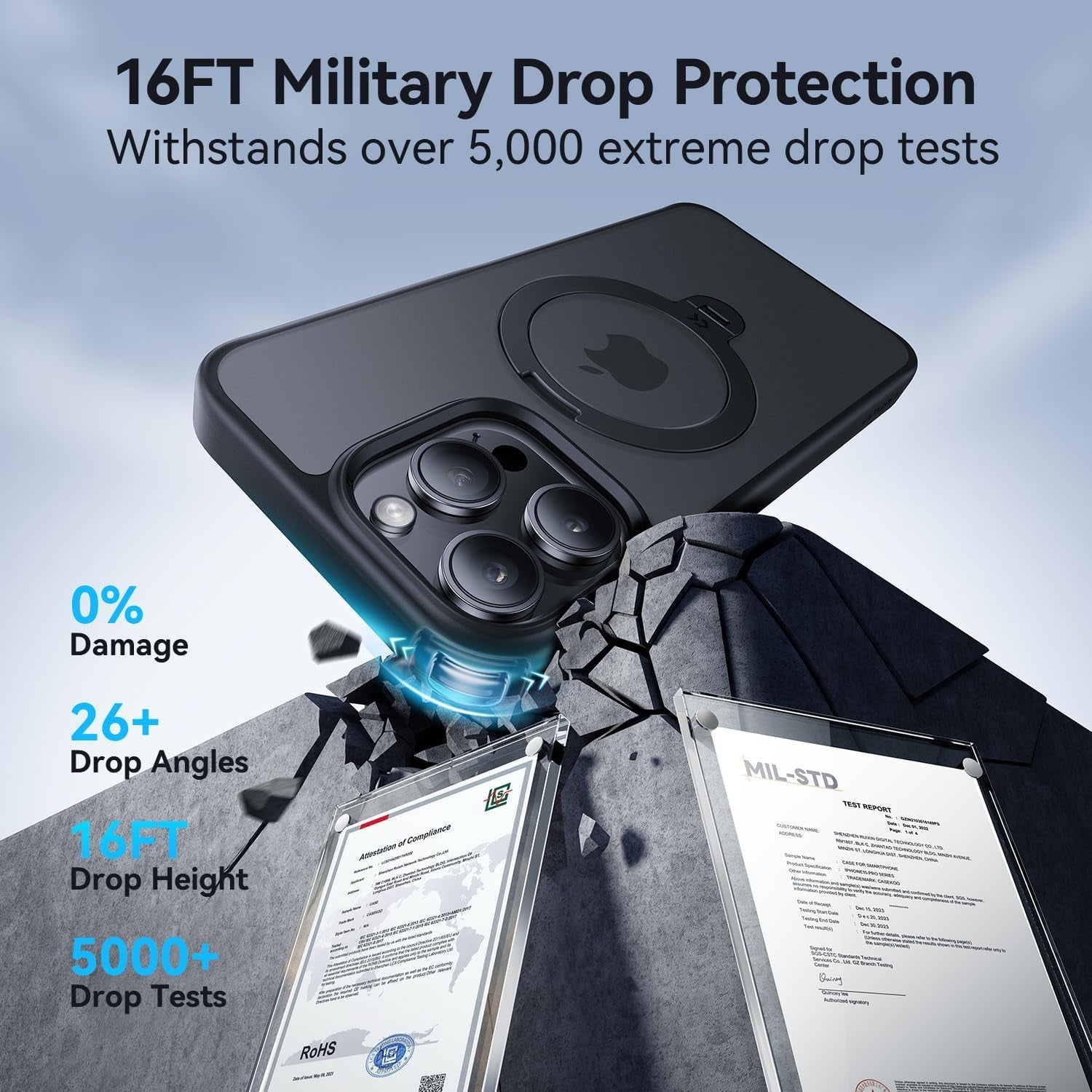 CASEKOO 2024 Upgraded 360° Rotatable Magnetic Ring Stand for Iphone 15 Pro Max Case [Military Drop Protection] [Compatible with Magsafe] Matte Translucent Slim Iphone 15 Promax Case 6.7'', Black  CASEKOO   