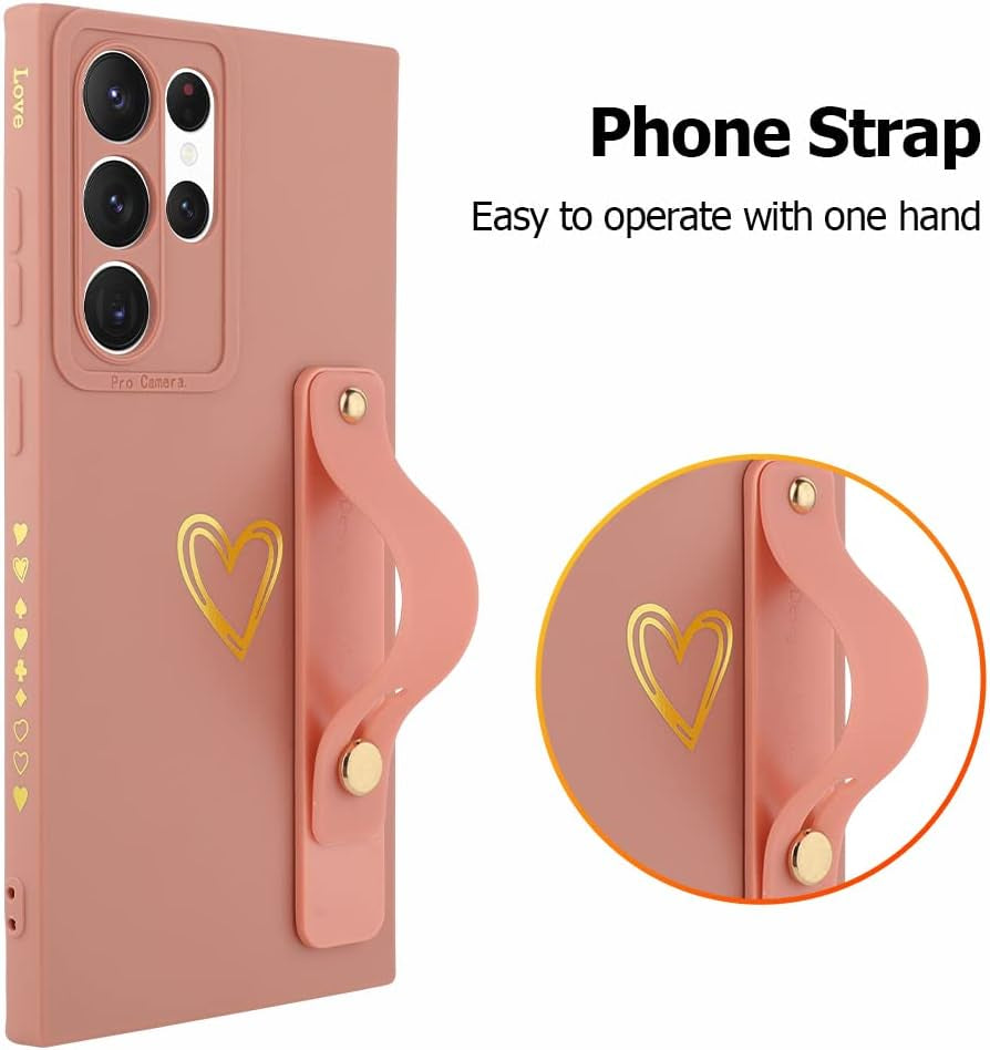 Fiyart Designed for Galaxy S22 Ultra Case with Phone Stand Holder Cute Love Hearts Pattern Slim Protective Camera Protection Cover with Wrist Strap for Women Girls for Galaxy S22 Ultra 6.8"-Pink