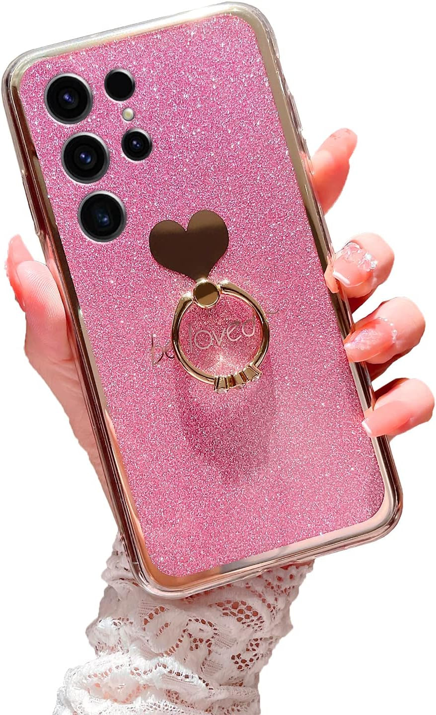 For Samsung Galaxy S22 Ultra Case (6.8-Inch) with Ring Kickstand Girls Woman Cute Glitter Slim Soft Silicone Bumper Shockproof Drop Protective Cover - Green