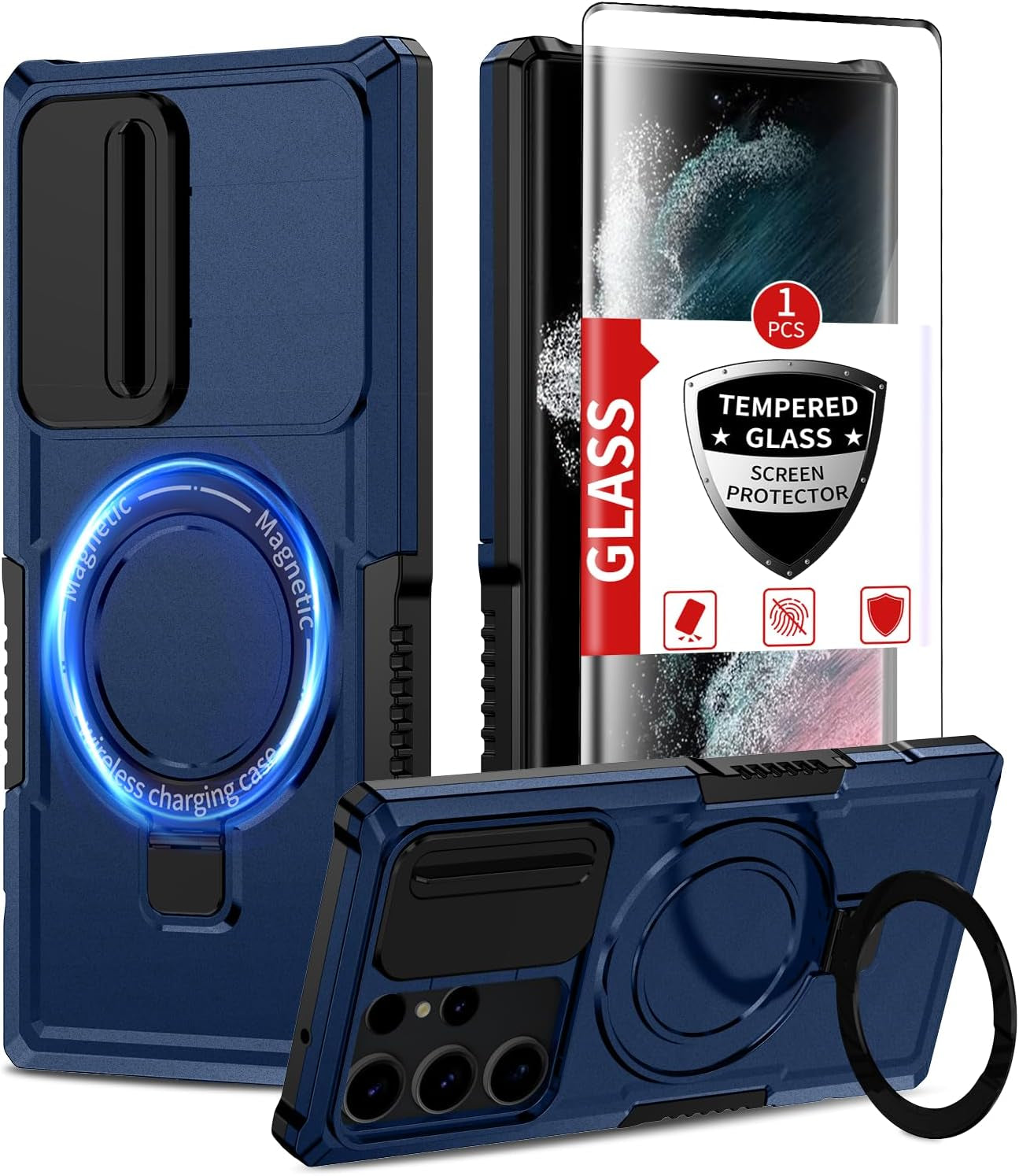 For Magnetic Samsung Galaxy S22 Ultra Case Compatible with Magsafe Galaxy S22 Ultra Case with Screen Protector,With Magnetic Stand&Camera Cover Protection Shockproof Galaxy S22Ultra Case Black