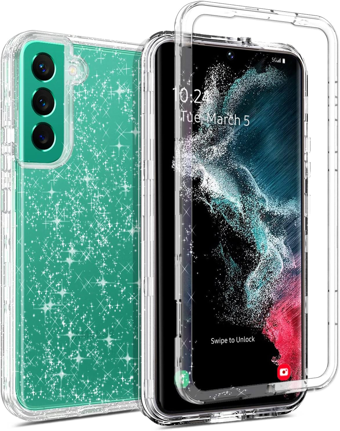 Coolwee Crystal Glitter Full Protective Case for Galaxy S22 plus - Heavy Duty Hybrid, Shockproof, Transparent, Bling Sparkle