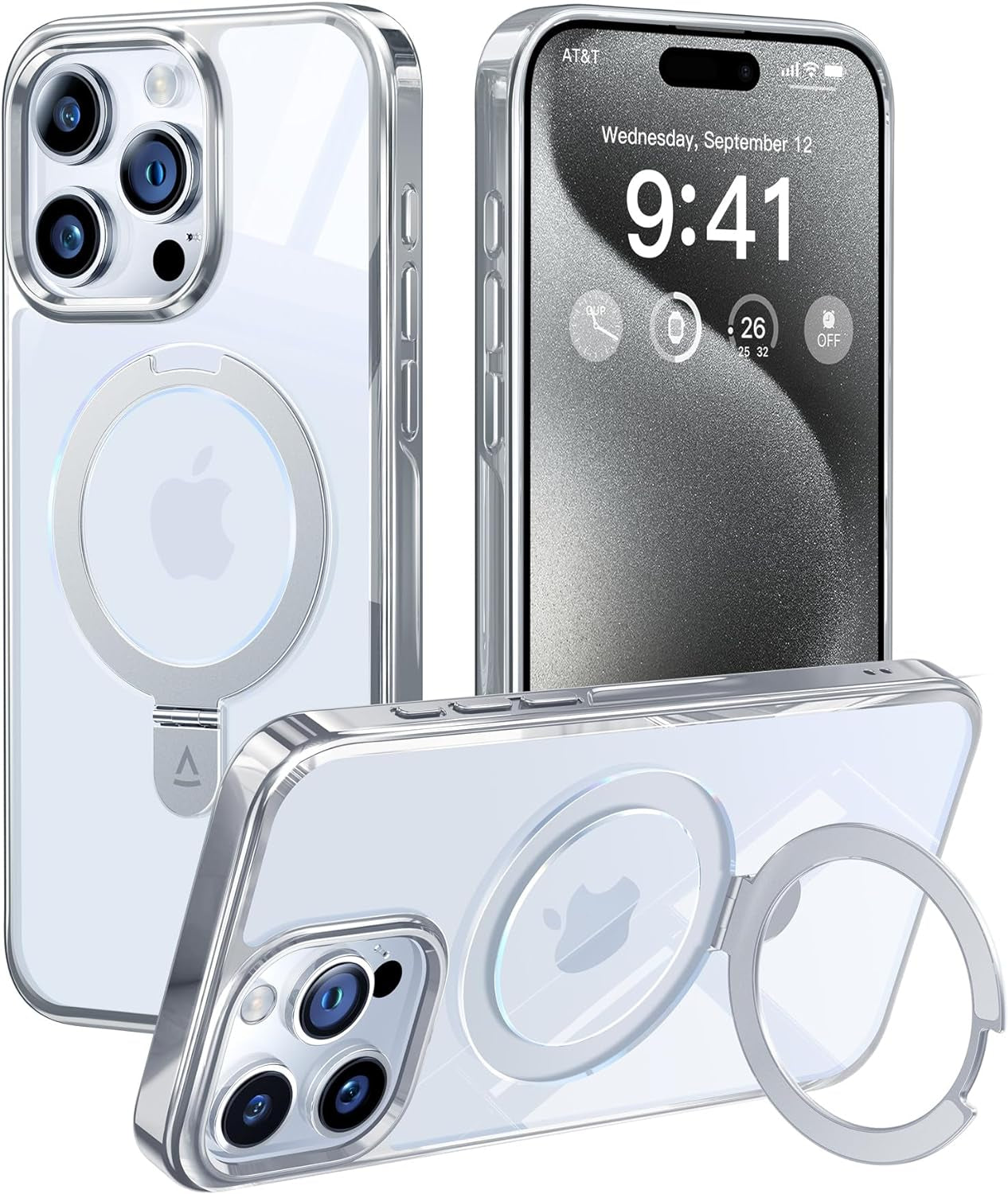 Alphex Titanium Stand for Magsafe Iphone 15 Pro Max Case, Polished Titanium Match for Iphone, 12FT Military Drop Protection, Shockproof Phone Ring Slim Cover 6.7 Inch, Silver Titanium  Alphex   