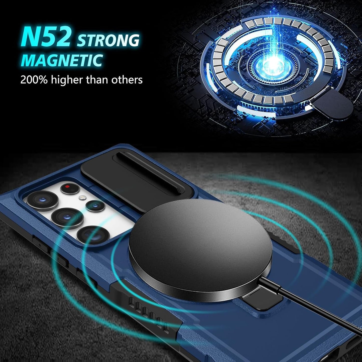 For Samsung Galaxy S21 Ultra Case Compatible with Magsafe Galaxy S21 Ultra Case Magnetic,With Screen Protector,With Magnetic Stand&Camera Cover Protection Shockproof Galaxy S21Ultra Case Blue