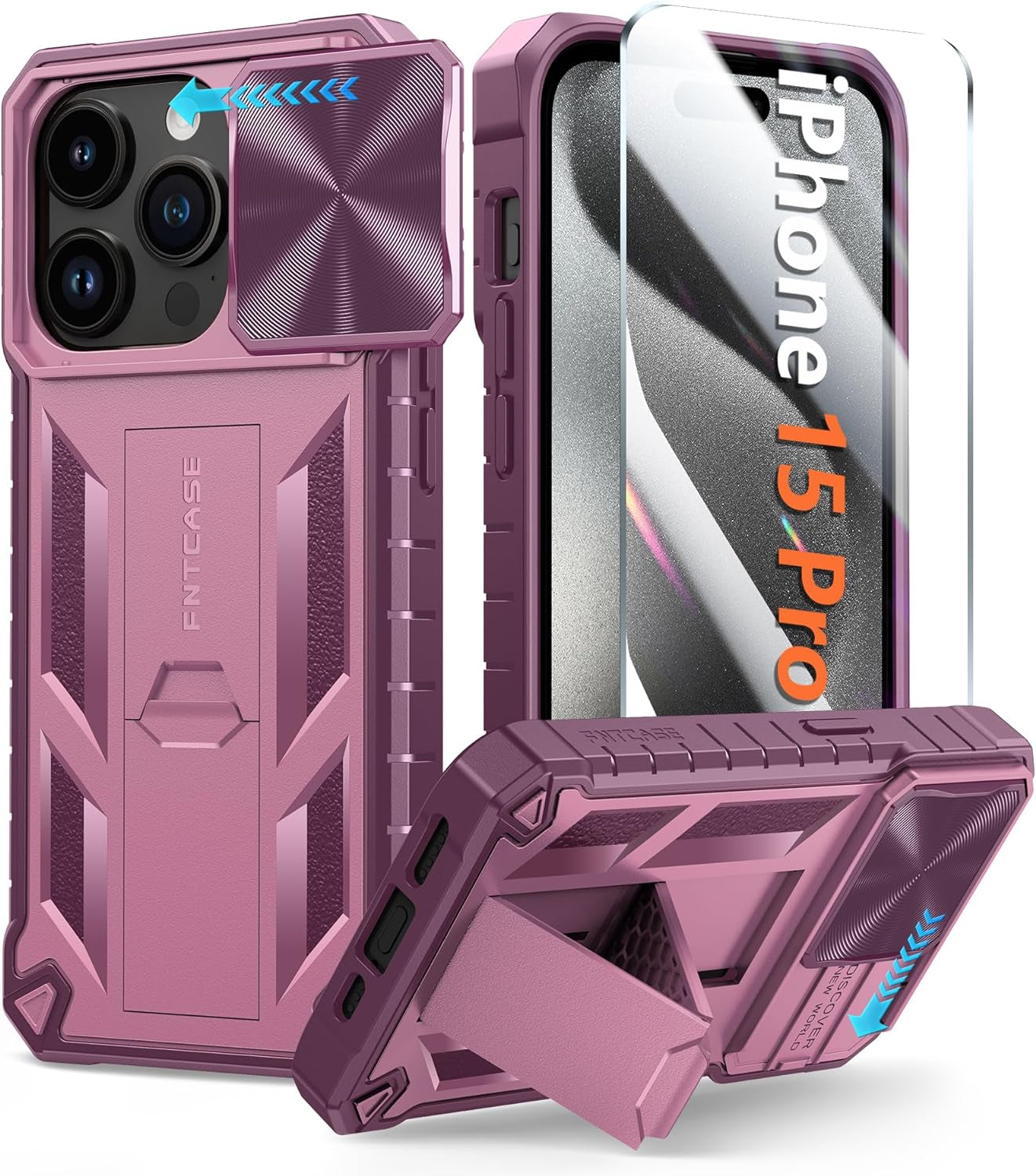 FNTCASE for Iphone 15 Pro Case: Military Grade Drop & Shock Protection Cell Phone Cover with Kickstand & Slide | Rugged Protective Bumper Textured | Heavy Duty Protector(Blue)  FNTCASE   