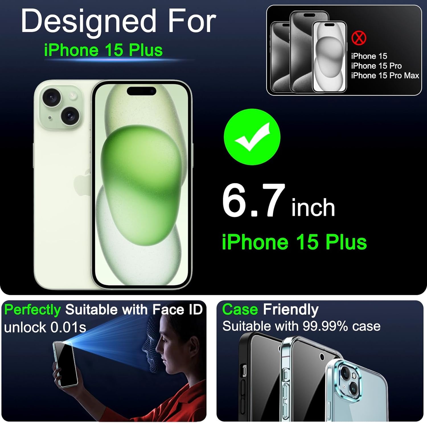 IMBZBK 4 Pack Privacy Screen Protector for Iphone 15 plus Tempered Glass with 4 Pack Camera Lens Protector, Accessories 9H anti Spy for Apple 15 Plus, 2.5D Curved, Case Friendly, Transparent  IMBZBK   