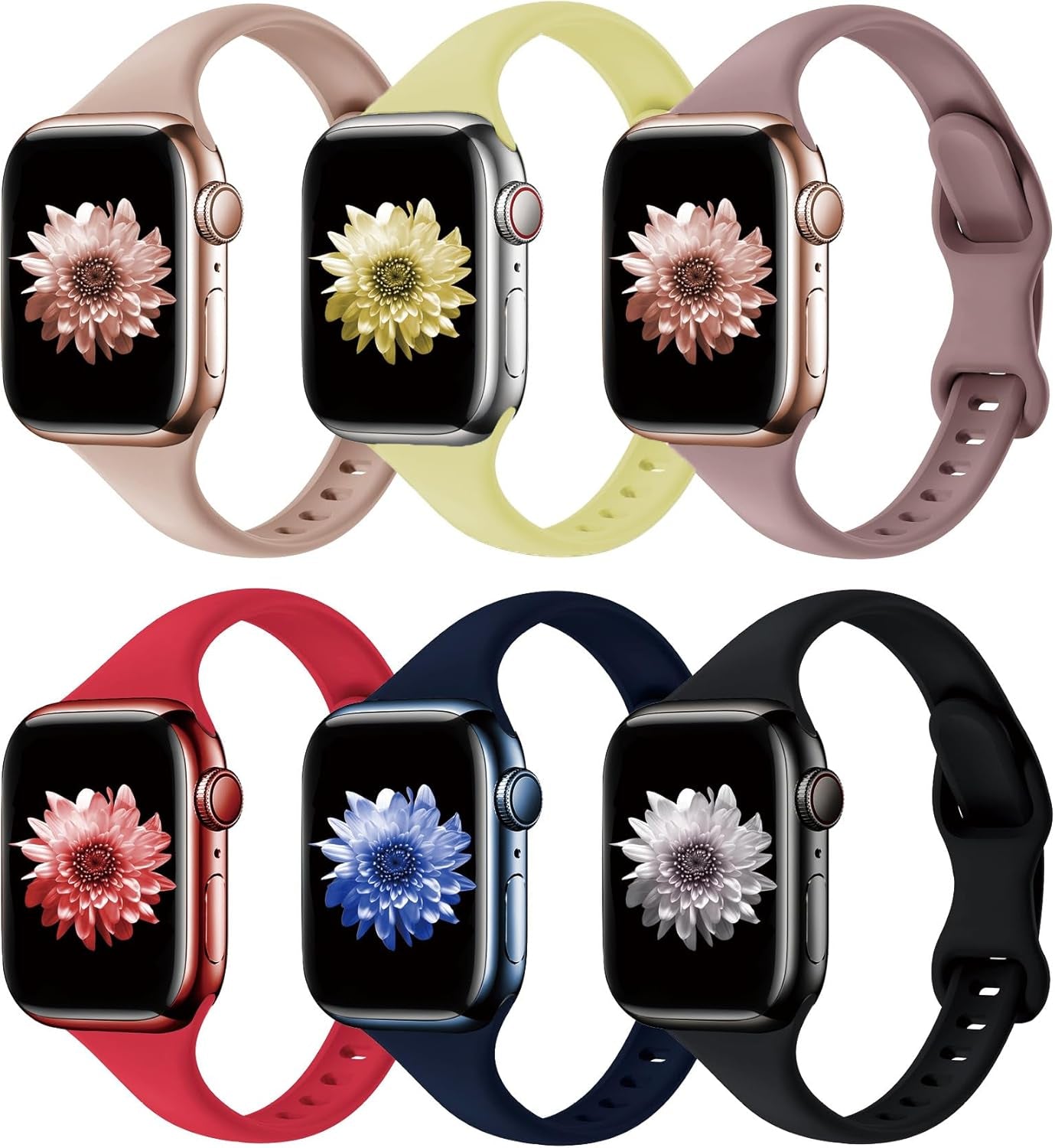 6 Pack Bands for Apple Watch Band 41Mm 40Mm 38Mm 44Mm 45Mm 42Mm 49Mm Ultra 2 Women Men Slim Thin Narrow Silicone Soft Sport Strap Wristband for Iwatch Series 9/8/7/SE/6/5/4/3/2/1