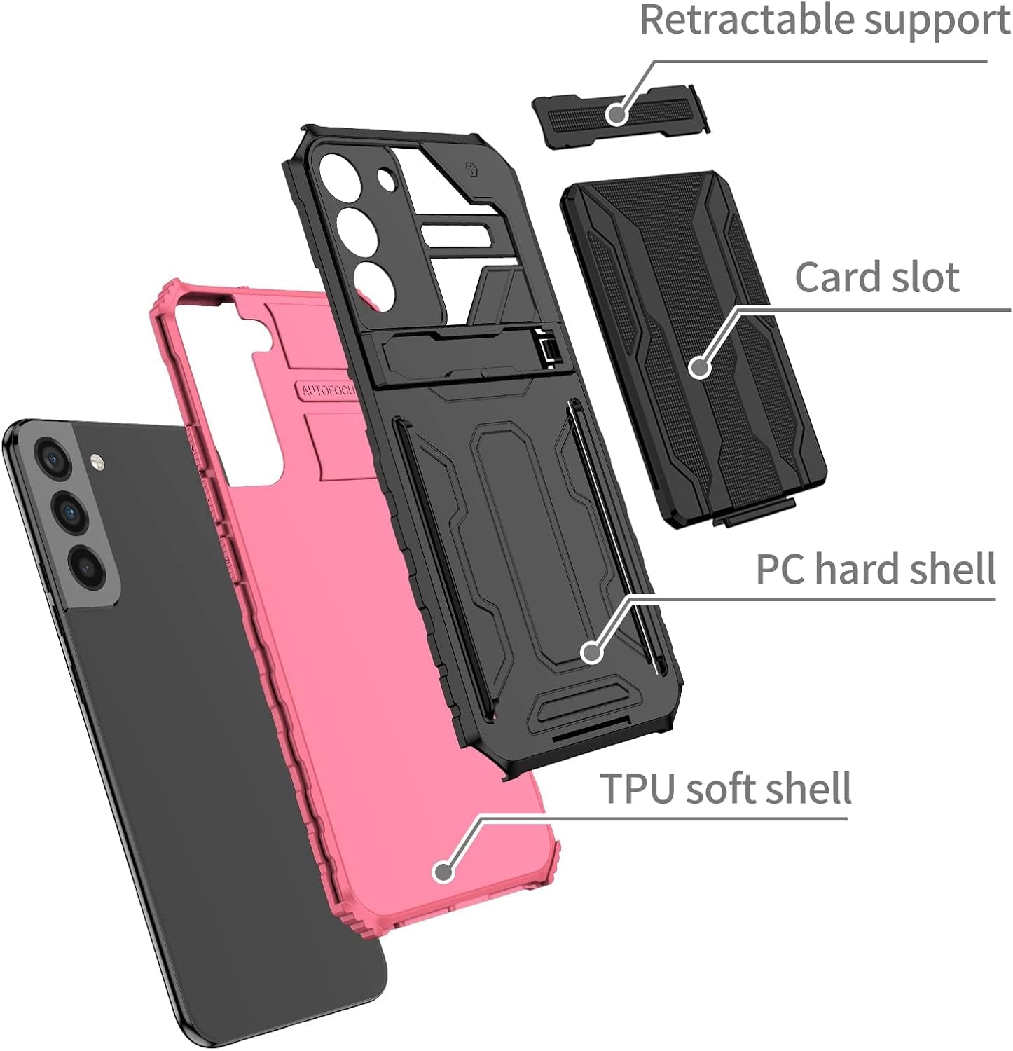 Asuwish Phone Case for Samsung Galaxy S22 plus S22+ 5G with Tempered Glass Screen Protector Cover and Slim Credit Card Holder Stand Cell Accessories S22+5G S22Plus 22S + S 22 22+ Women Men Pink