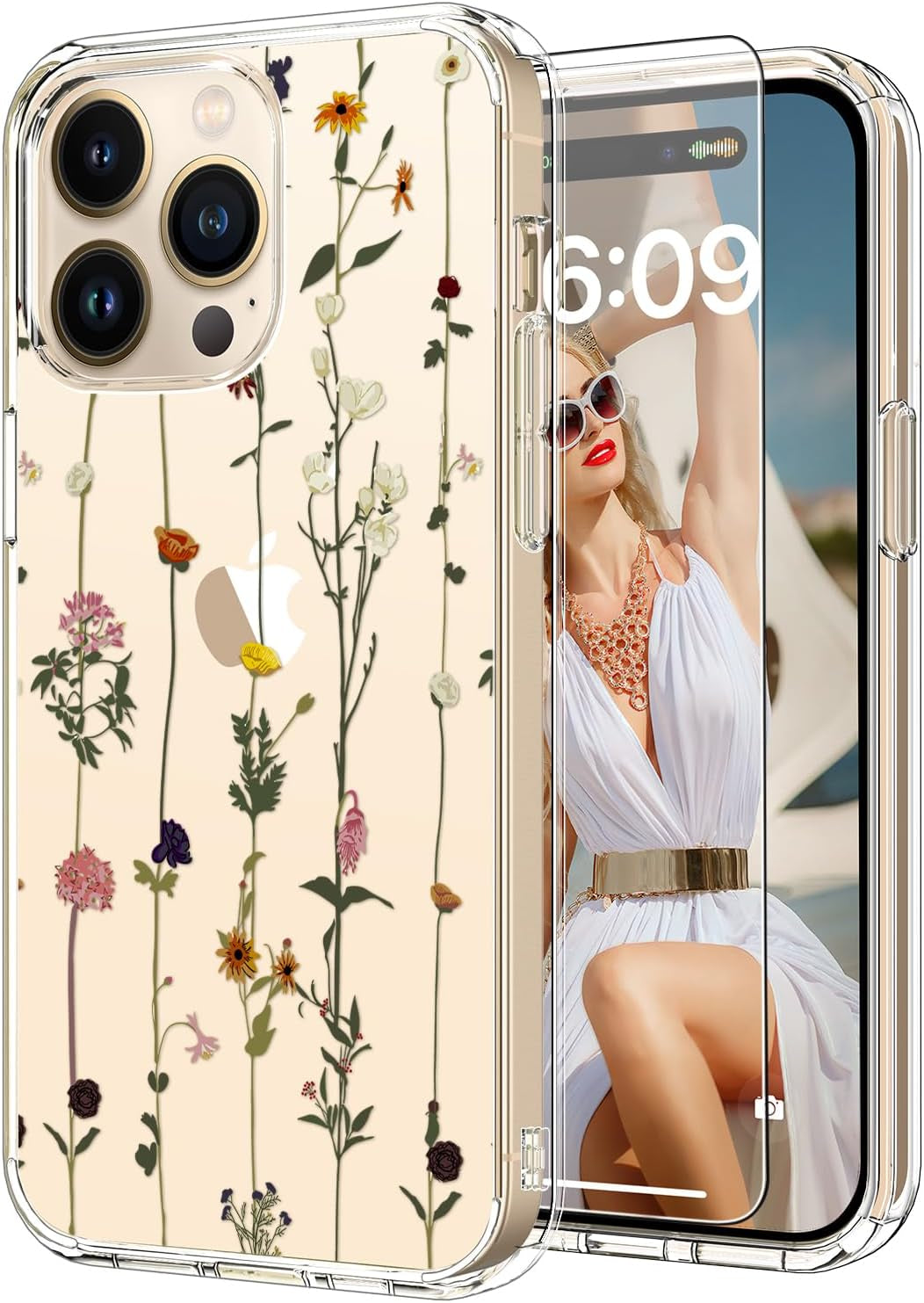 ICEDIO for Iphone 15 Pro Case with Screen Protector-Clear with Fashionable Trendy Patterns-Designed for Girls Women-Slim Fit Cover-Protective Phone Case 6.1" Cute Blooming Pink Floral  ICEDIO   