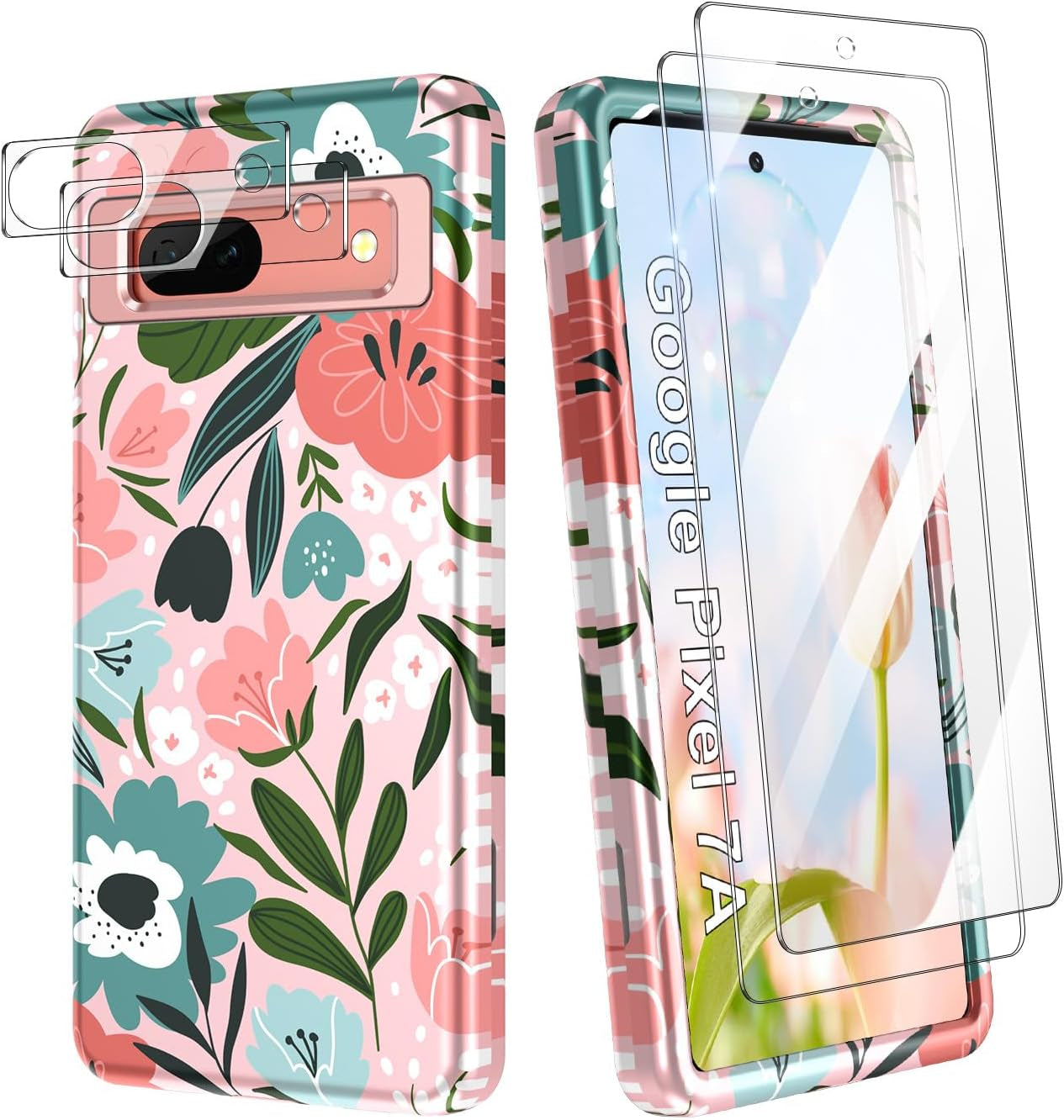 Btscase for Google Pixel 7A Case, [5 in 1] with 2 Pack Screen Protector + 2 Pack Camera Lens Protector, Marble Pattern Full Body Three Layer Rugged Shockproof Protective Cover (2023), Blue Pink  Btscase Pink Flower  