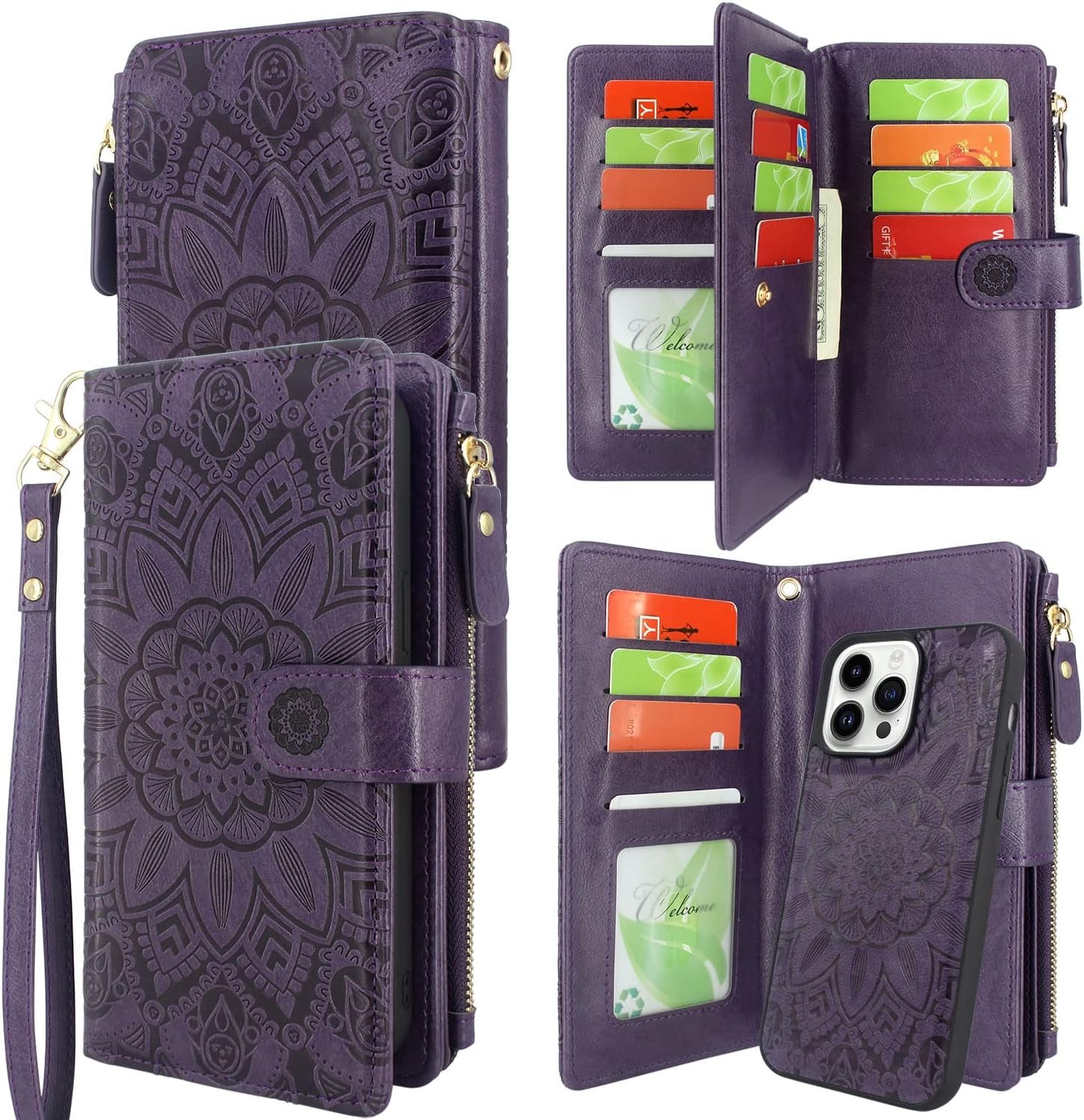 Harryshell Compatible with Iphone 14 Pro 6.1 Inch 5G 2022 Wallet Case Detachable Magnetic Cover Zipper Cash Pocket Multi Card Slots Holder Wrist Strap Lanyard (Floral Black)  Harryshell Floral Deep Purple  