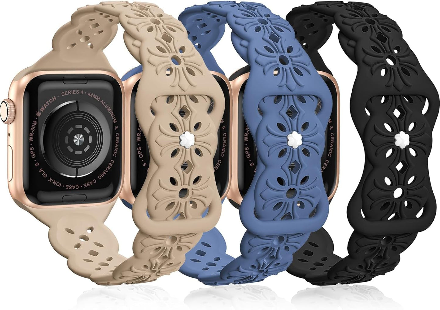 3 Pack Engraved Lace Silicone Bands Compatible with Apple Watch Band 38Mm 40Mm 41Mm 42Mm 44Mm 45Mm 49Mm Women Men, Slim Thin Hollow-Out Sport Strap for Iwatch Series 9/8/7/6/5/4/3/2/1 SE Ultra 2/1