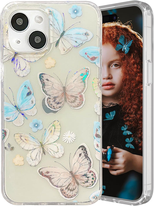 Ooooops Glitter Clear Phone Case for Iphone 15 plus Case for Women Girls, Cute Blue Yellow Butterflies Cute Floral Pattern, Slim Fit Hard Protective Case for Iphone 15Plus 6.7'' (Butterfly & Flower)  ooooops   