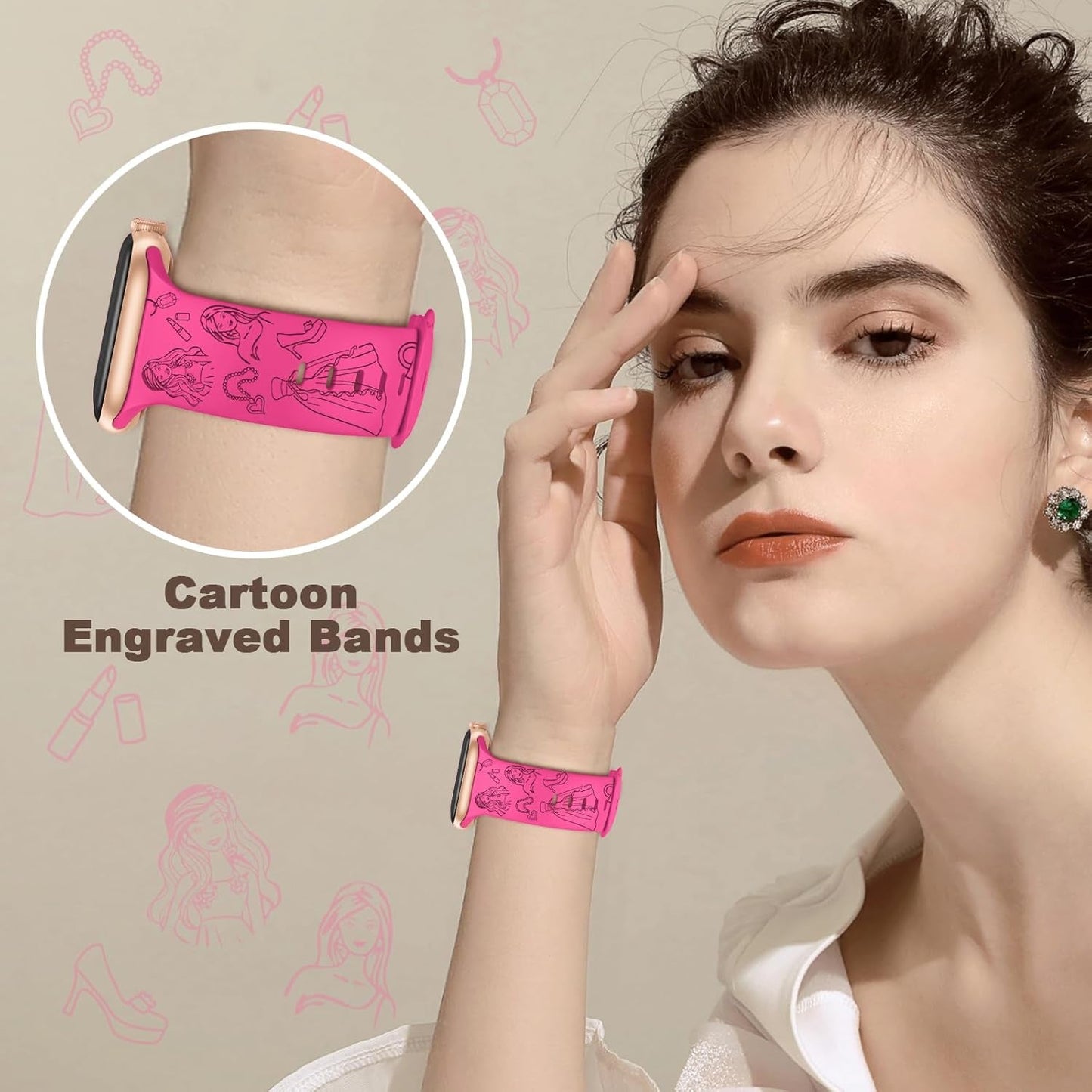 6 Packs Cartoon Engraved Bands Compatible with Apple Watch Band 40Mm 38Mm 44Mm 45Mm 49Mm 42Mm Women, Designer Silicone Cute Soft Strap for Apple Watch Ultra 2 Iwatch Series 9 8 7 SE 6 5 4 3 2 1