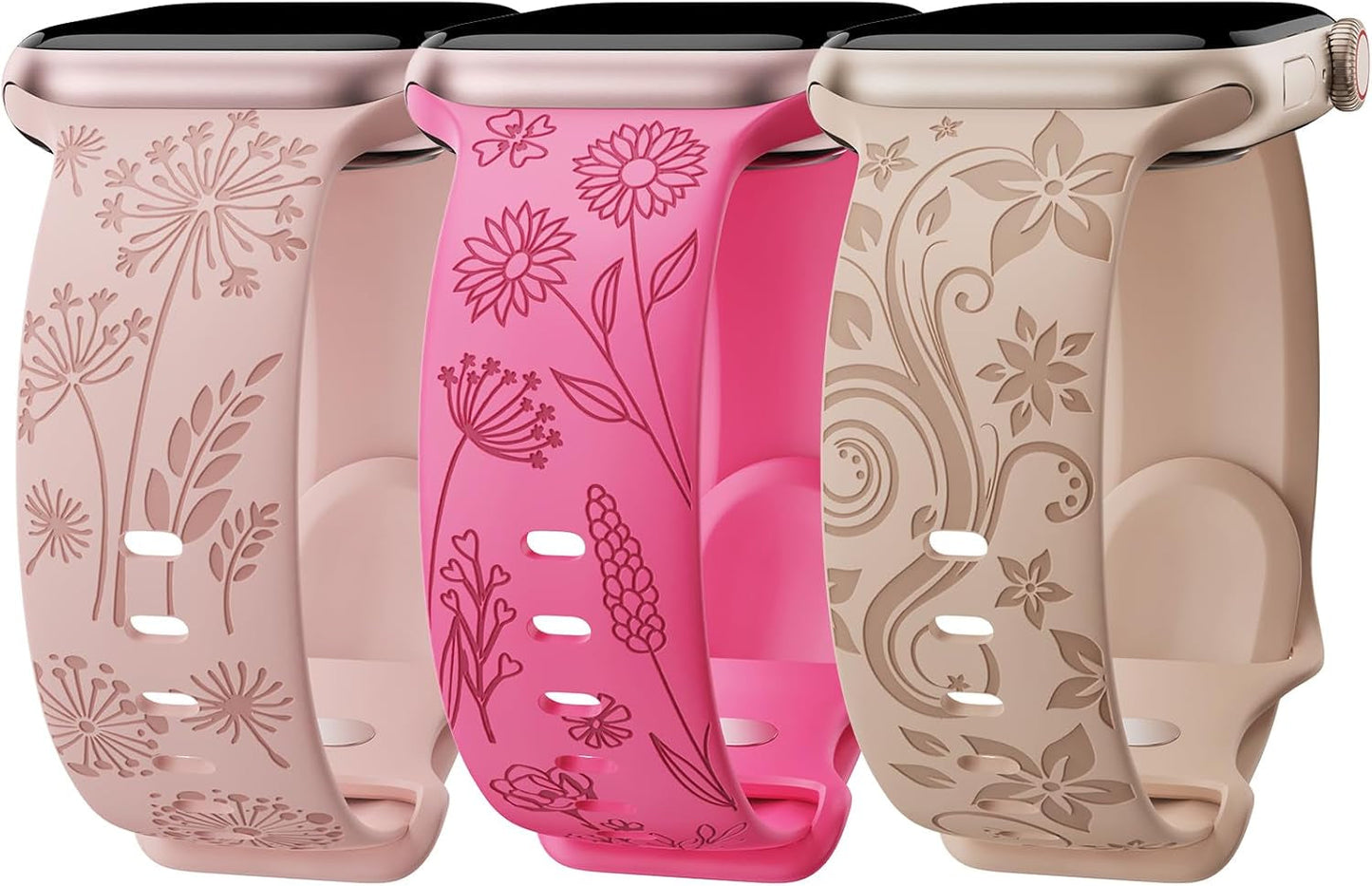3 Pack Floral Engraved Bands Compatible with Apple Watch Band for Women 38Mm 40Mm 41Mm 42Mm 44Mm 45Mm 49Mm, Cute Flower Laser Pattern Soft Silicone Strap for Iwatch Series Ultra SE 9 8 7 6 5 4 3 2 1