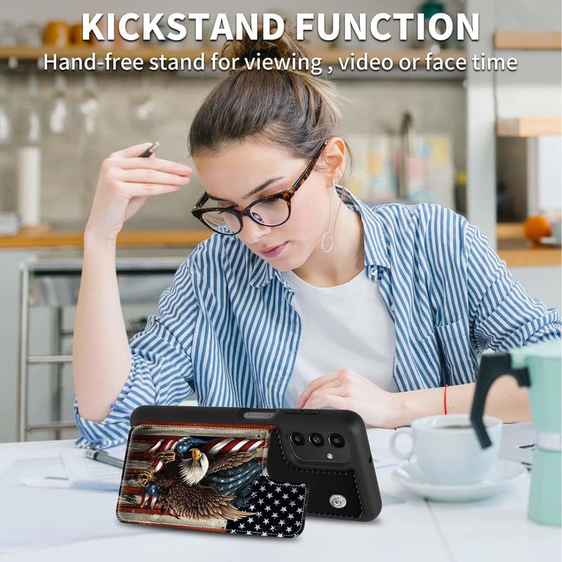 Case for Samsung Galaxy A14 5G Wallet Phone Case with Card Holder,Pu Leather Kickstand Card Slot Cover for Women Men (Dual Magnetic Clasp+Rfid Blocking)-Bald Eagle with Flag