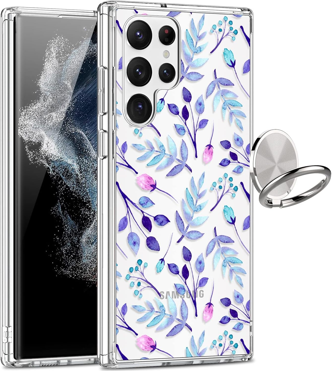 Giika for Galaxy S22 Ultra Case, Clear Girls Women Heavy Duty Shockproof Protective Hard Phone Cover Case for Samsung Galaxy S22 Ultra, Blue Flowers