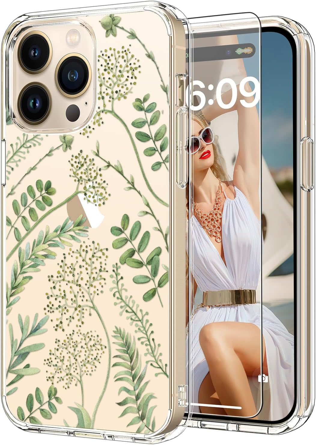 ICEDIO for Iphone 15 Pro Case with Screen Protector-Clear with Fashionable Trendy Patterns-Designed for Girls Women-Slim Fit Cover-Protective Phone Case 6.1" Cute Blooming Pink Floral  ICEDIO Green Leaves Floral  