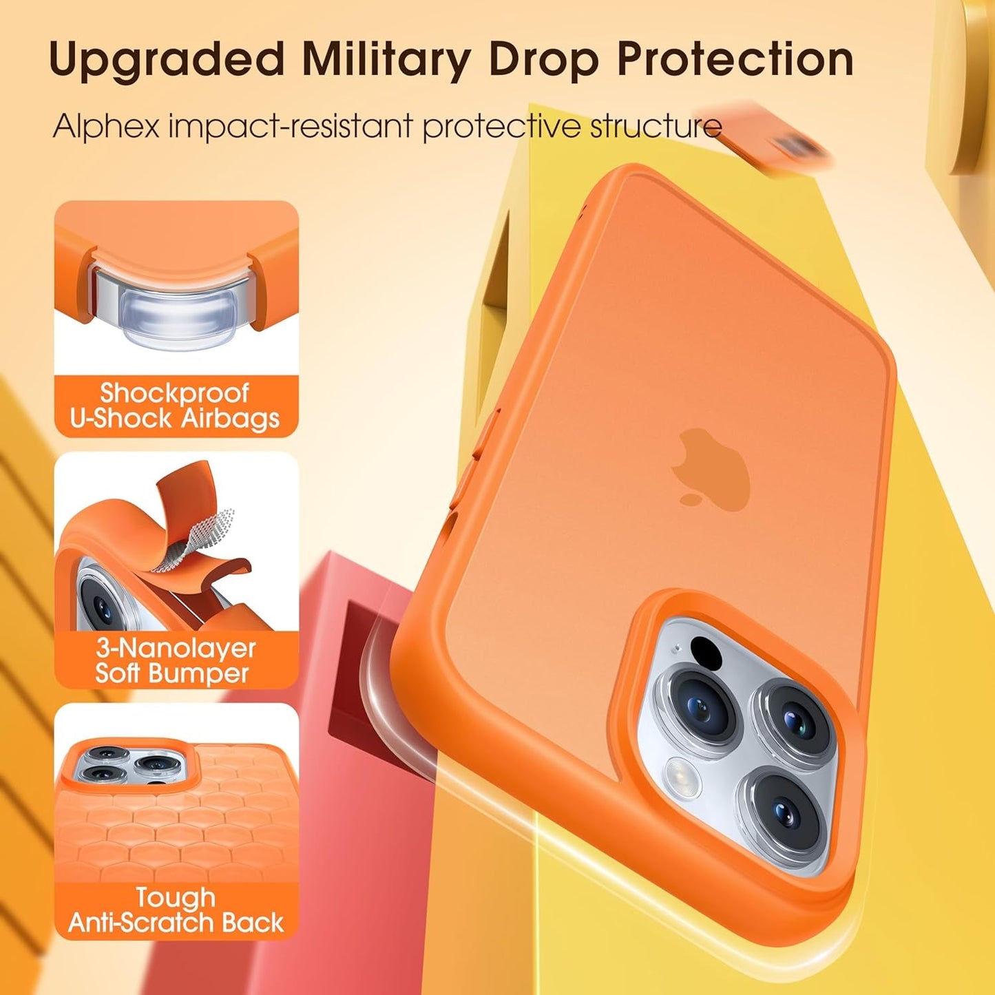Alphex Colored Transluscent for Iphone 14 Pro Case, Sleek Cute Retro Design, German Quality Standard Certified, 12FT Military-Grade Protection, Slim Matte Hard Back Case 6.1-Inch, Orange  Alphex   