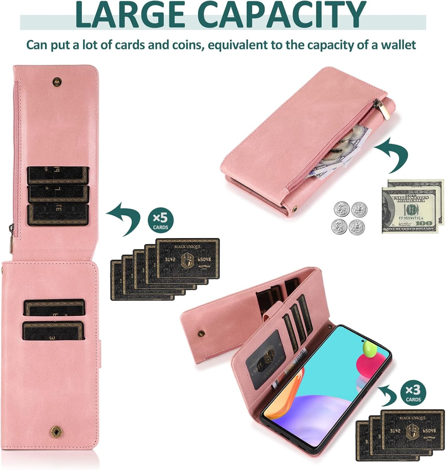 Asuwish Compatible with Samsung Galaxy A53 5G Wallet Case Tempered Glass Screen Protector Zipper Leather Flip Cover Card Holder Stand for Cell Accessories A53 G5 53A SM A536U 6.5" 2022 Women Rose Gold