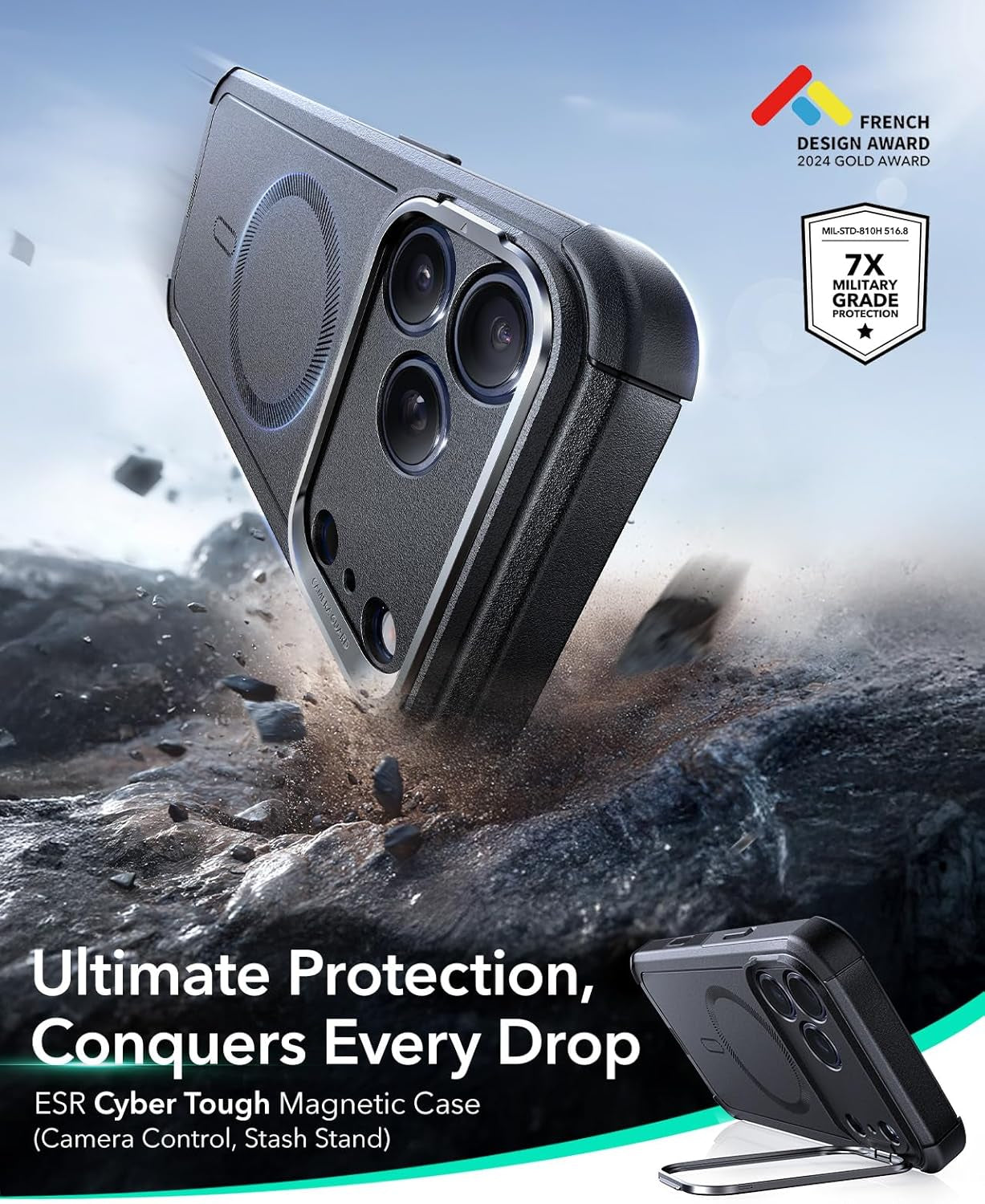ESR for Iphone 17 Pro Case with Stash Stand, 7X Military-Grade Drop Protection with Camera Control, Shock-Absorbing Phone Rugged Cover, Compatible with Magsafe Accessories, Cyber Series, Black
