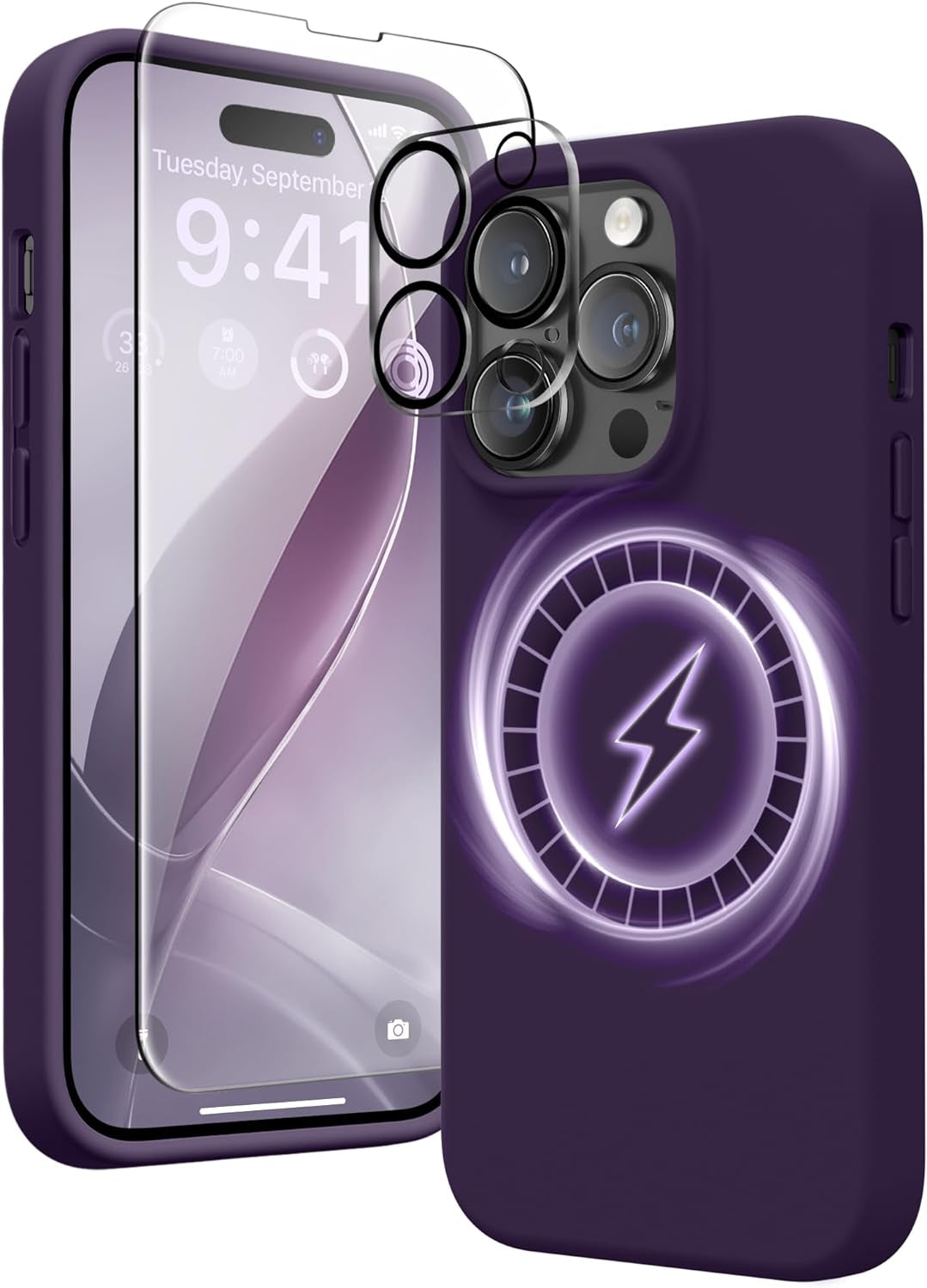 GONEZ for Iphone 14 Pro Max Case Silicone, Compatible with Magsafe, with 2X Screen Protector + 2X Camera Lens Protector, Liquid Silicone Shockproof Protective Iphone 14 Promax Case, Blue  GONEZ Deep Purple  