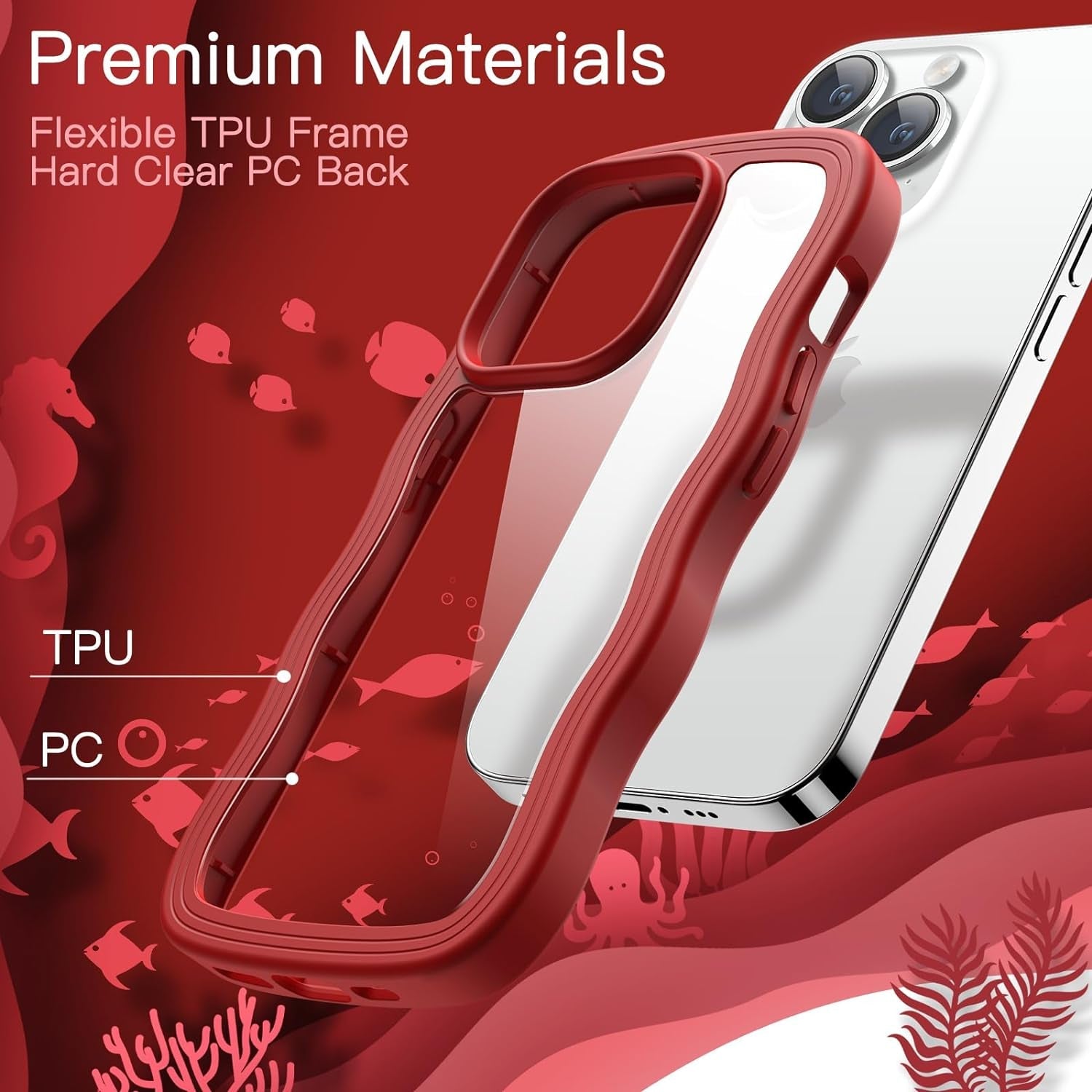 Jetech Cute Case for Iphone 14 Pro 6.1-Inch, Wave Frame Curly Shape Shockproof Phone Cover for Women and Girls, Clear Hard PC Back (Red)  JETech   