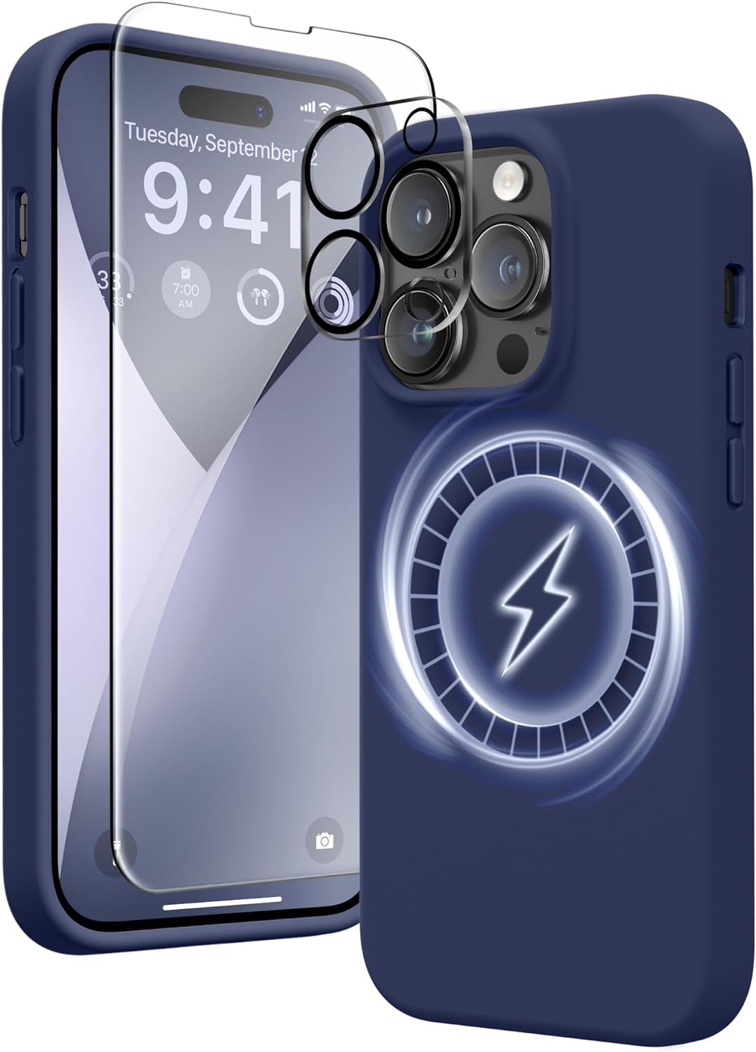 GONEZ for Iphone 14 Pro Max Case Silicone, Compatible with Magsafe, with 2X Screen Protector + 2X Camera Lens Protector, Liquid Silicone Shockproof Protective Iphone 14 Promax Case, Blue  GONEZ Midnight Blue  