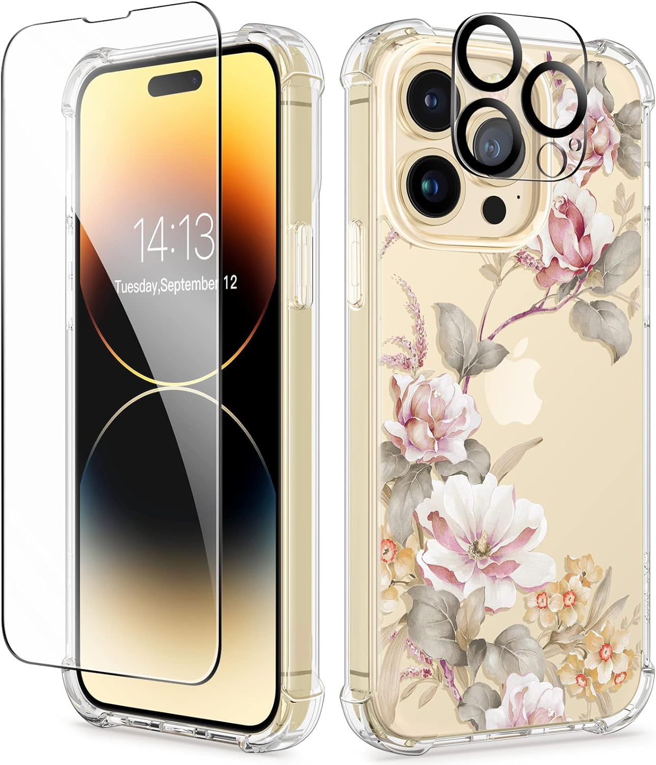 GVIEWIN for Iphone 14 Pro Case with Screen Protector & Camera Lens Protector, Floral Slim Shockproof Protective Hard PC+TPU Bumper Flower Women Phone Cover for 14 Pro, 6.1"(Aster/Purple)  GVIEWIN   