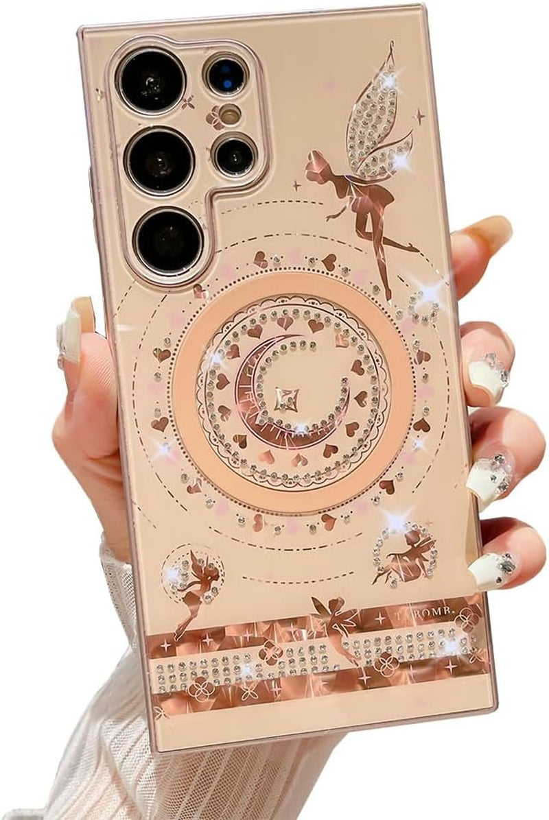 Cute Bling Magnetic Case for Galaxy S22 Ultra,Sparkle Luxury Rhinestone Heart Moon Star Angel Fairy Plating [Compatible with Magsafe] Girls Women for Samsung Galaxy S22 Ultra (Pink)