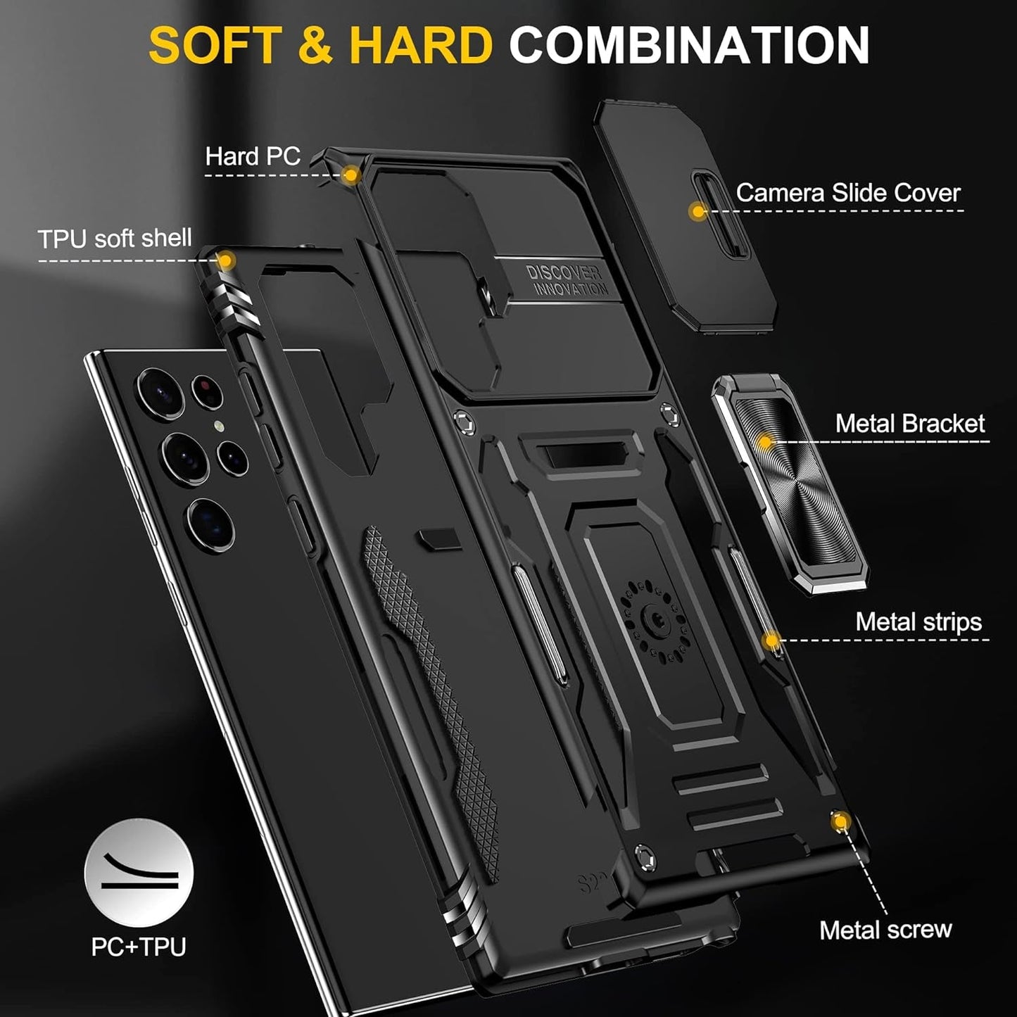Design for Samsung Galaxy S22 Ultra Case with Stand & Camera Cover, Military Grade Drop Protective Case Built-In 180°+360° Rotate Ring Kickstand,Shockproof Phone Case for Samsung S22 Ultra Case Black