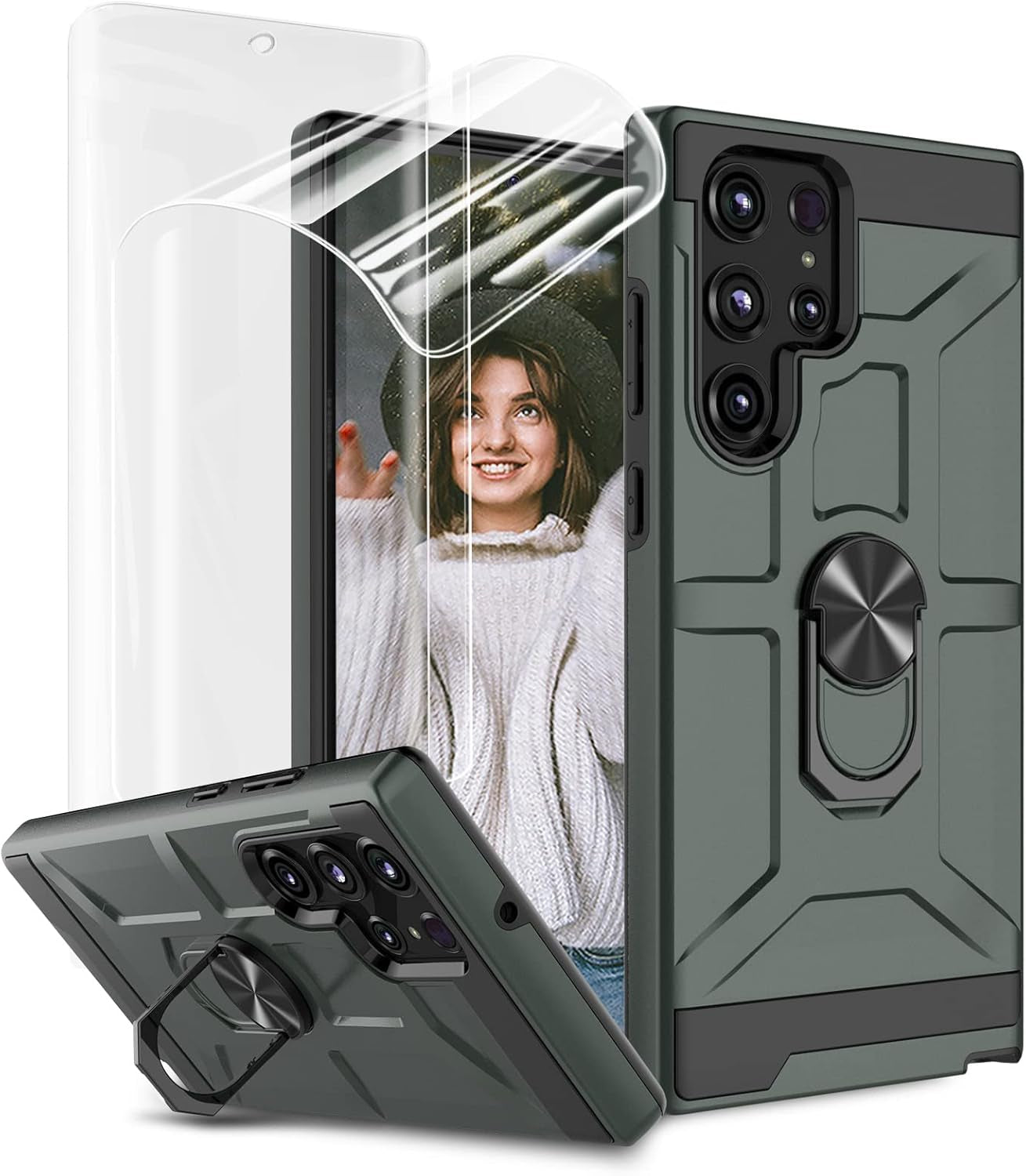 For Samsung Galaxy S22 Ultra Case with Screen Protector, 360 Rotate Ring Kickstand [Work with Magnetic Car Mount], Military Grade Shockproof Phone Case for Samsung S22 Ultra 6.8 Inch, Turquoise